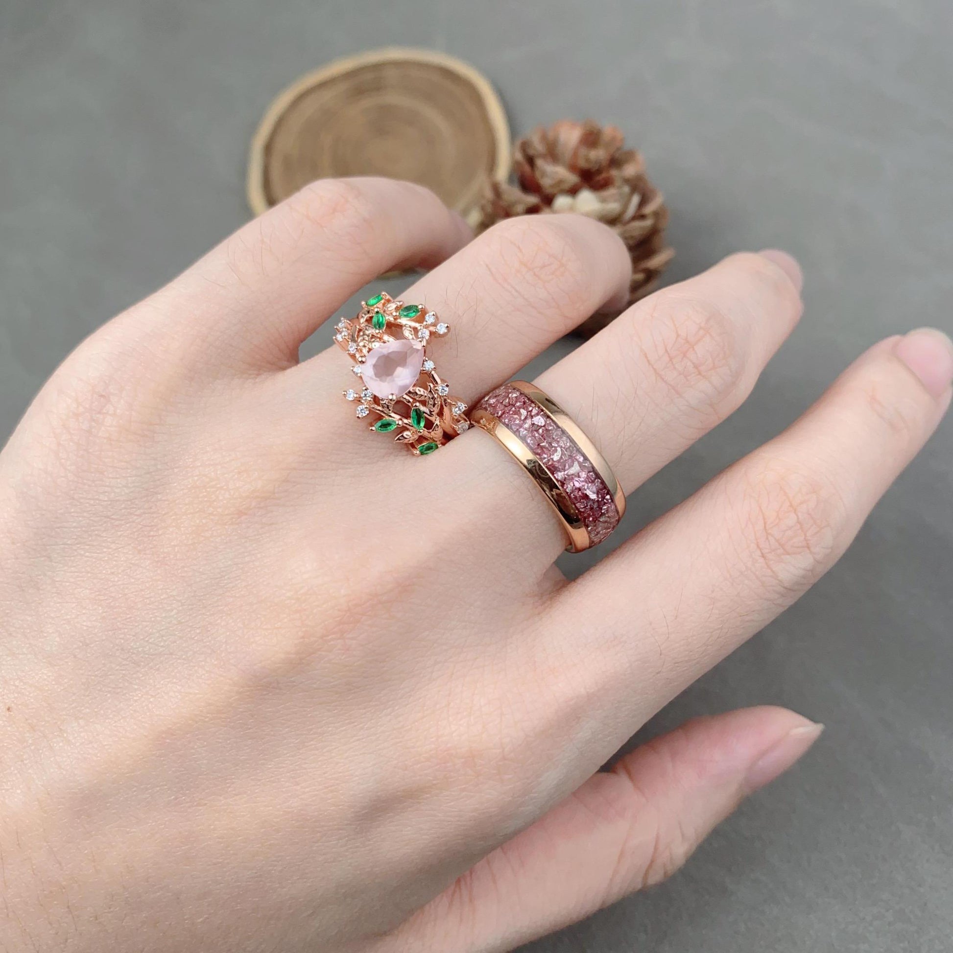 Rose Quartz Floral Leaf Couples Ring Set Rose Gold His and Hers Wedding Band Mens Pink Tungsten Ring Natural Inspired Ring Matching Ring Set