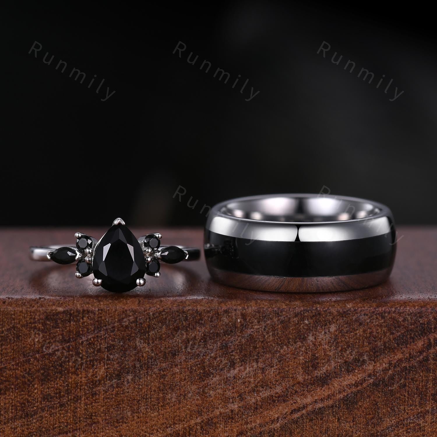 Pear Shaped Black Onyx Couples Ring Set Sterling Silver His and Hers Wedding Band Mens Tungsten Band Black Gemstone Ring Gift for Husband
