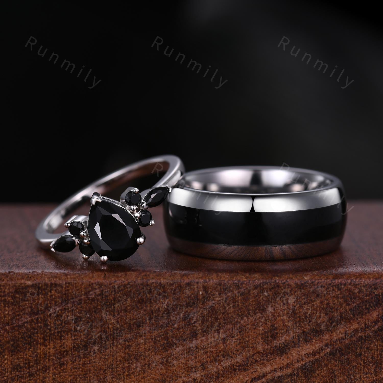 Pear Shaped Black Onyx Couples Ring Set Sterling Silver His and Hers Wedding Band Mens Tungsten Band Black Gemstone Ring Gift for Husband