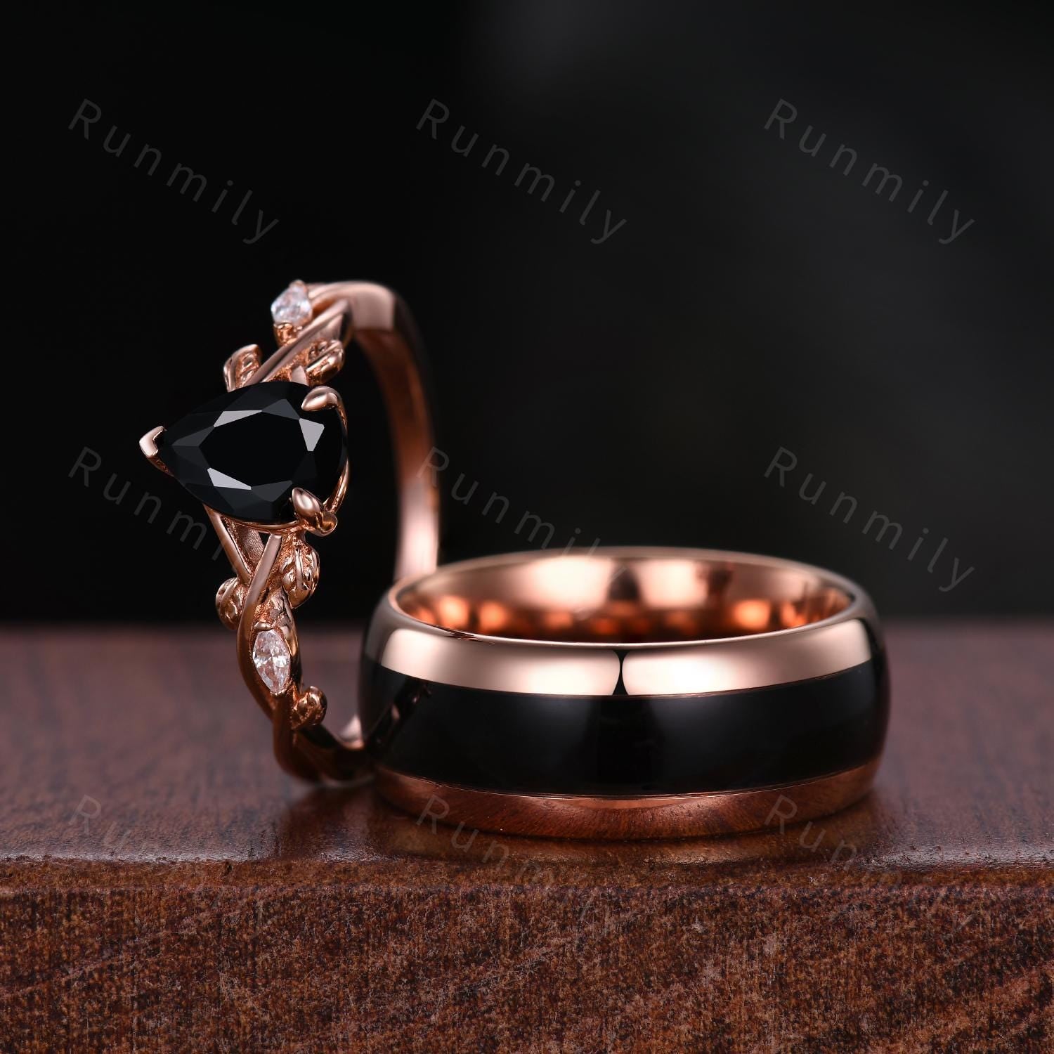 Vintage Black Onyx Couples Ring Set His and Hers Wedding Band Rose Gold Matching Couples Unique Black Gemstone Promise Ring Anniversary Gift