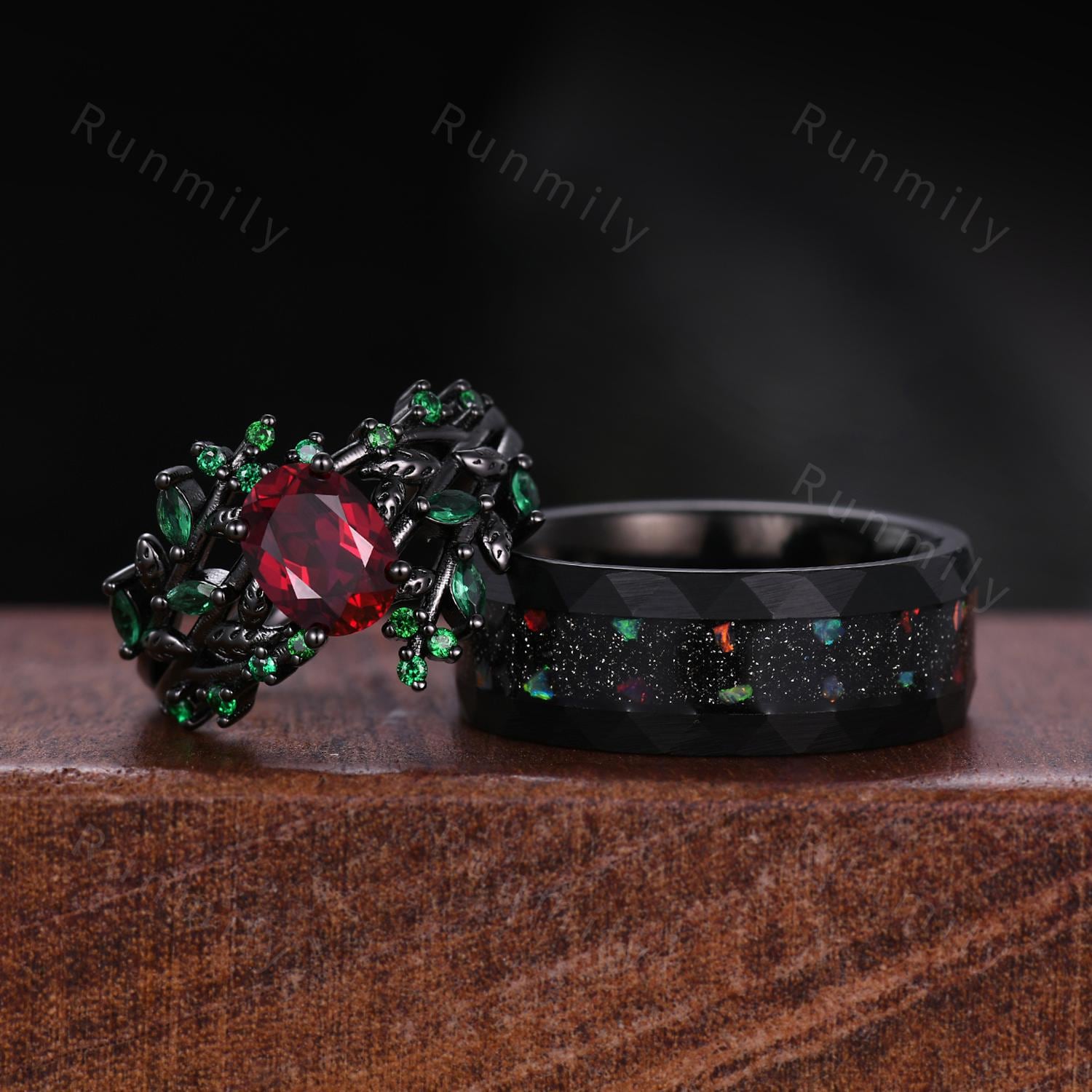 Nature inspired ruby and emerald couples ring vintage black gold His and Hers wedding band outer space Mens ring twig leaf bridal ring