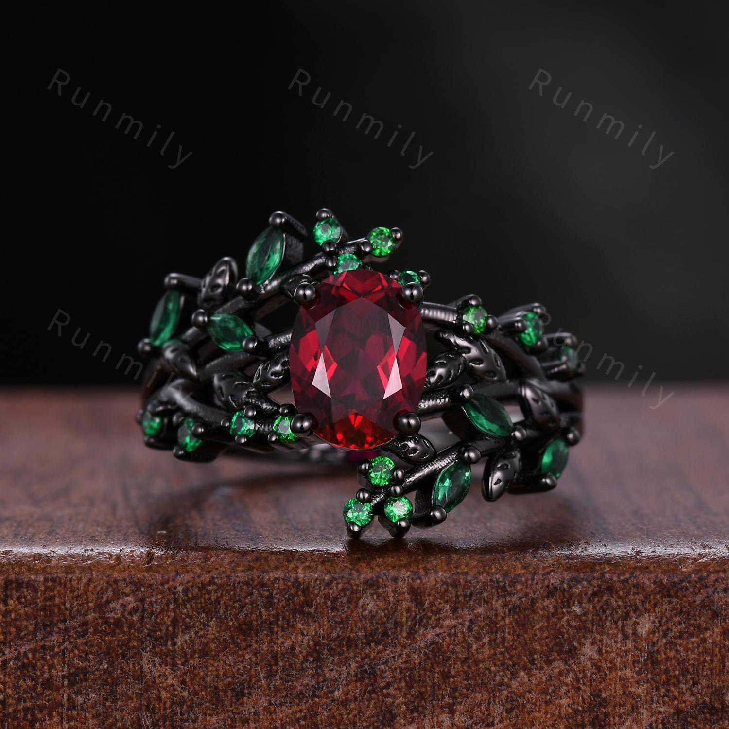 Nature inspired ruby and emerald couples ring vintage black gold His and Hers wedding band outer space Mens ring twig leaf bridal ring