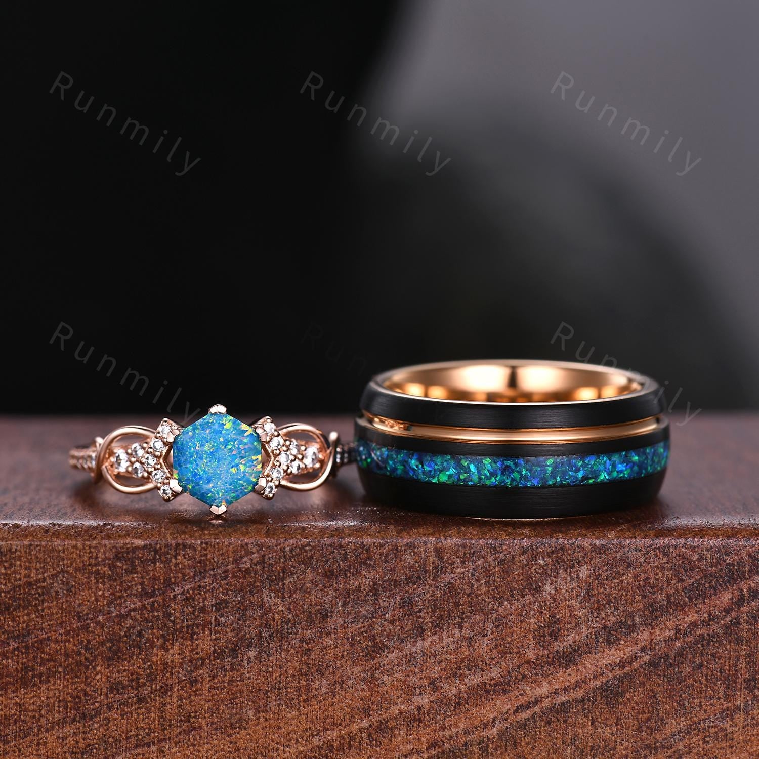 Vintage Blue Opal Couples Ring Rose Gold Matching Ring Set His and Hers Wedding Band Mens Opal Ring October Birthstone Couple Promise Rings