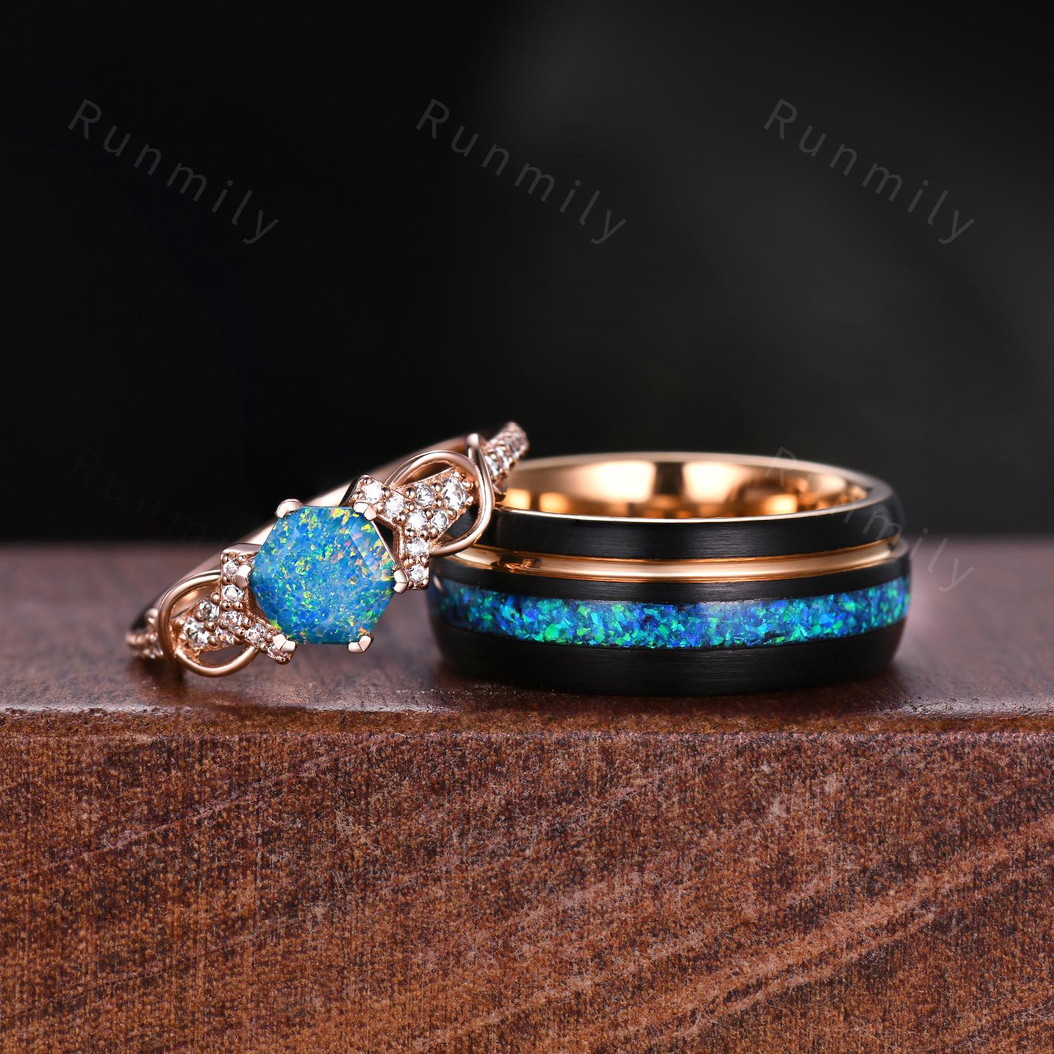 Vintage Blue Opal Couples Ring Rose Gold Matching Ring Set His and Hers Wedding Band Mens Opal Ring October Birthstone Couple Promise Rings
