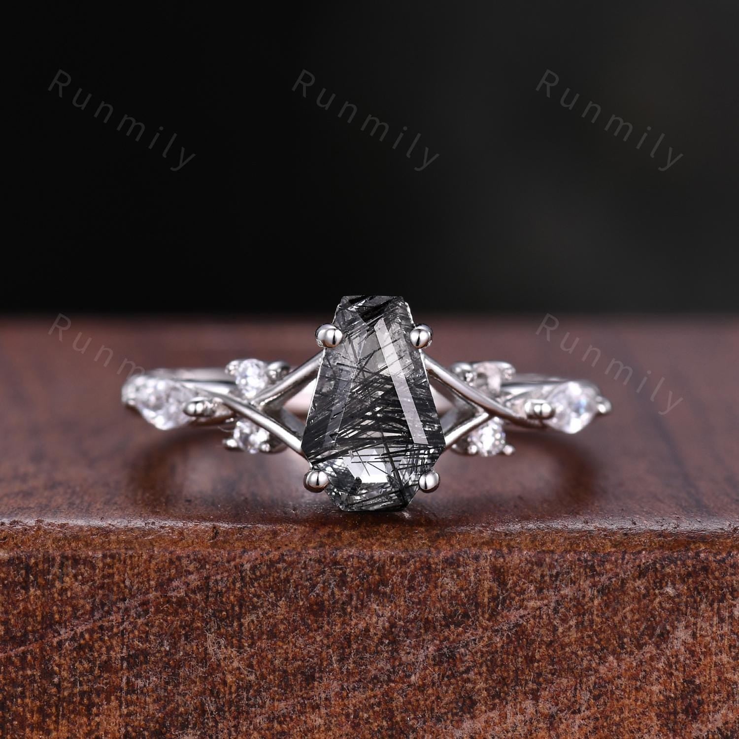 Coffin cut Black Rutilated Quartz Couple Ring Silver Matching Ring Set His and Hers Wedding Band Natural Black Gemstone Couples Ring Gift