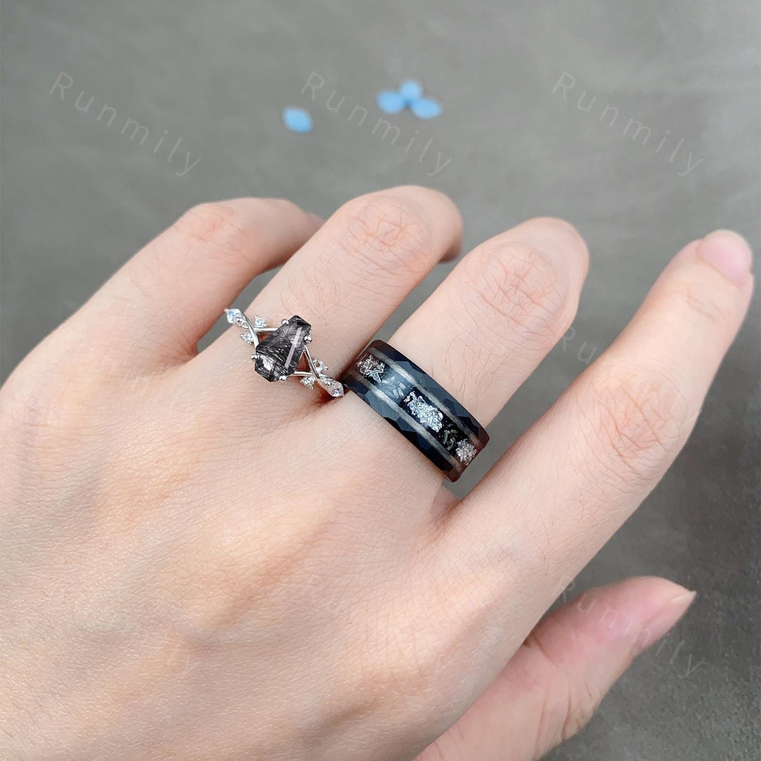 Coffin cut Black Rutilated Quartz Couple Ring Silver Matching Ring Set His and Hers Wedding Band Natural Black Gemstone Couples Ring Gift