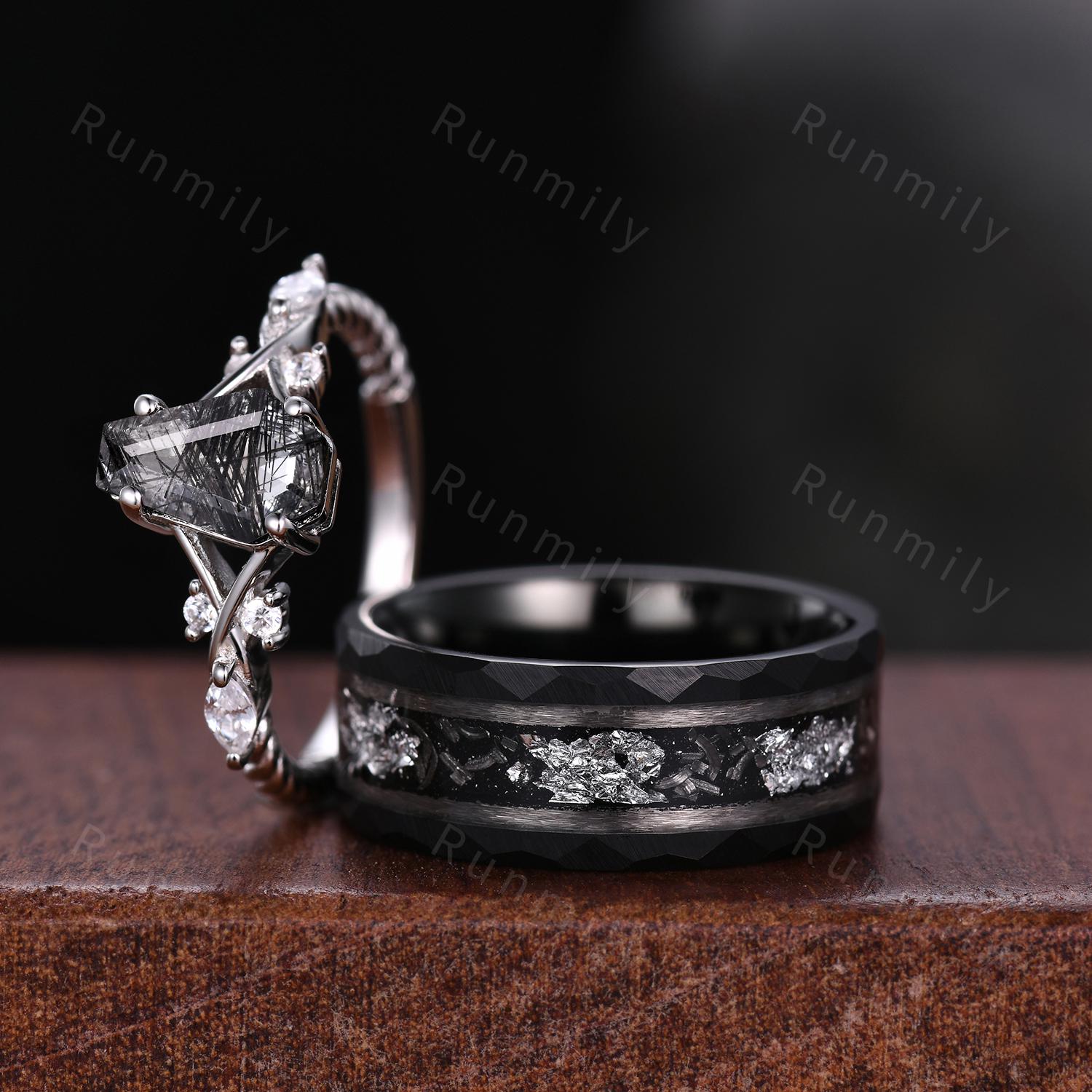 Coffin cut Black Rutilated Quartz Couple Ring Silver Matching Ring Set His and Hers Wedding Band Natural Black Gemstone Couples Ring Gift