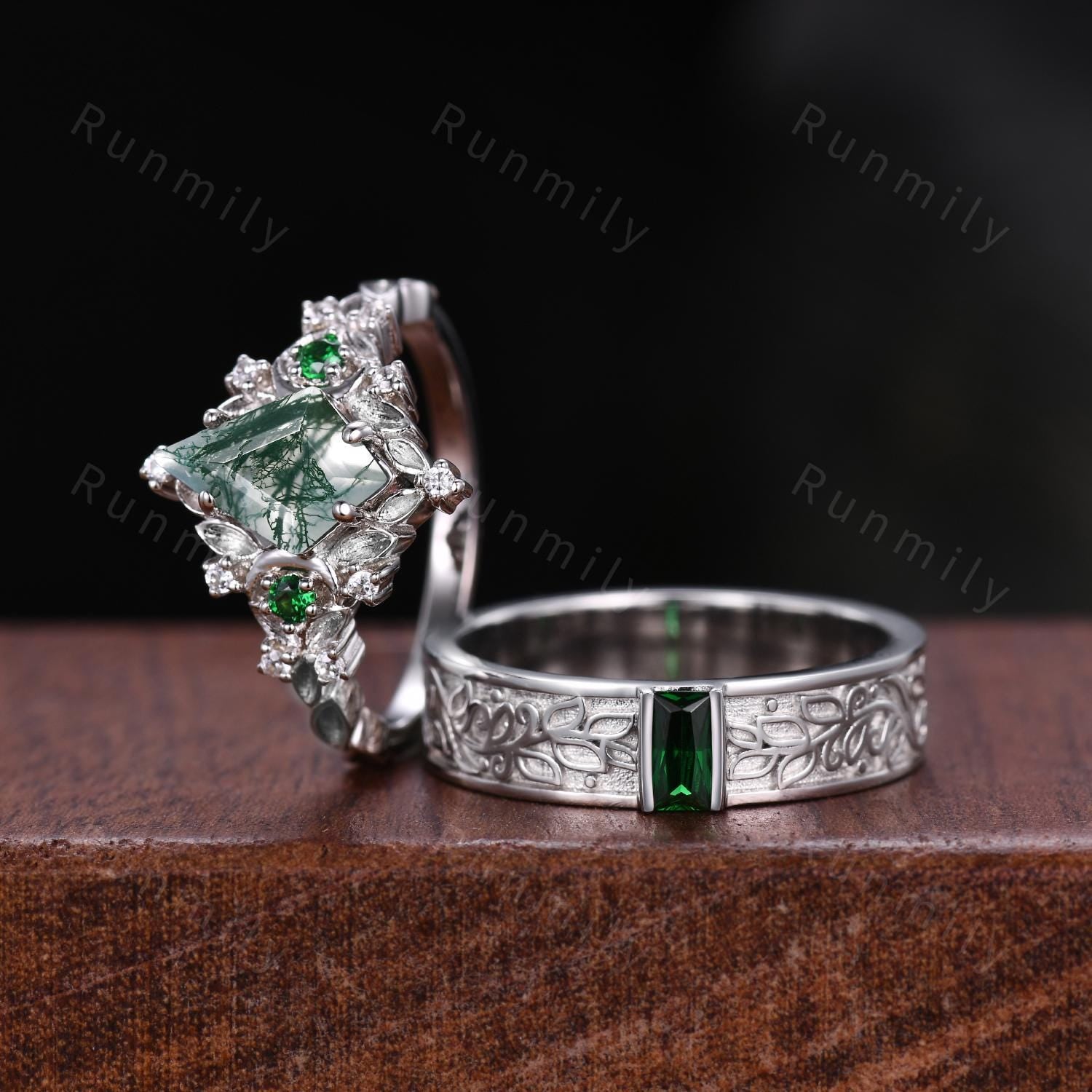 Antique Natural Moss Agate Couples Ring Set Silver Promise Ring For Men For Women Vintage His and Hers Wedding Band Mens Emerald Ring