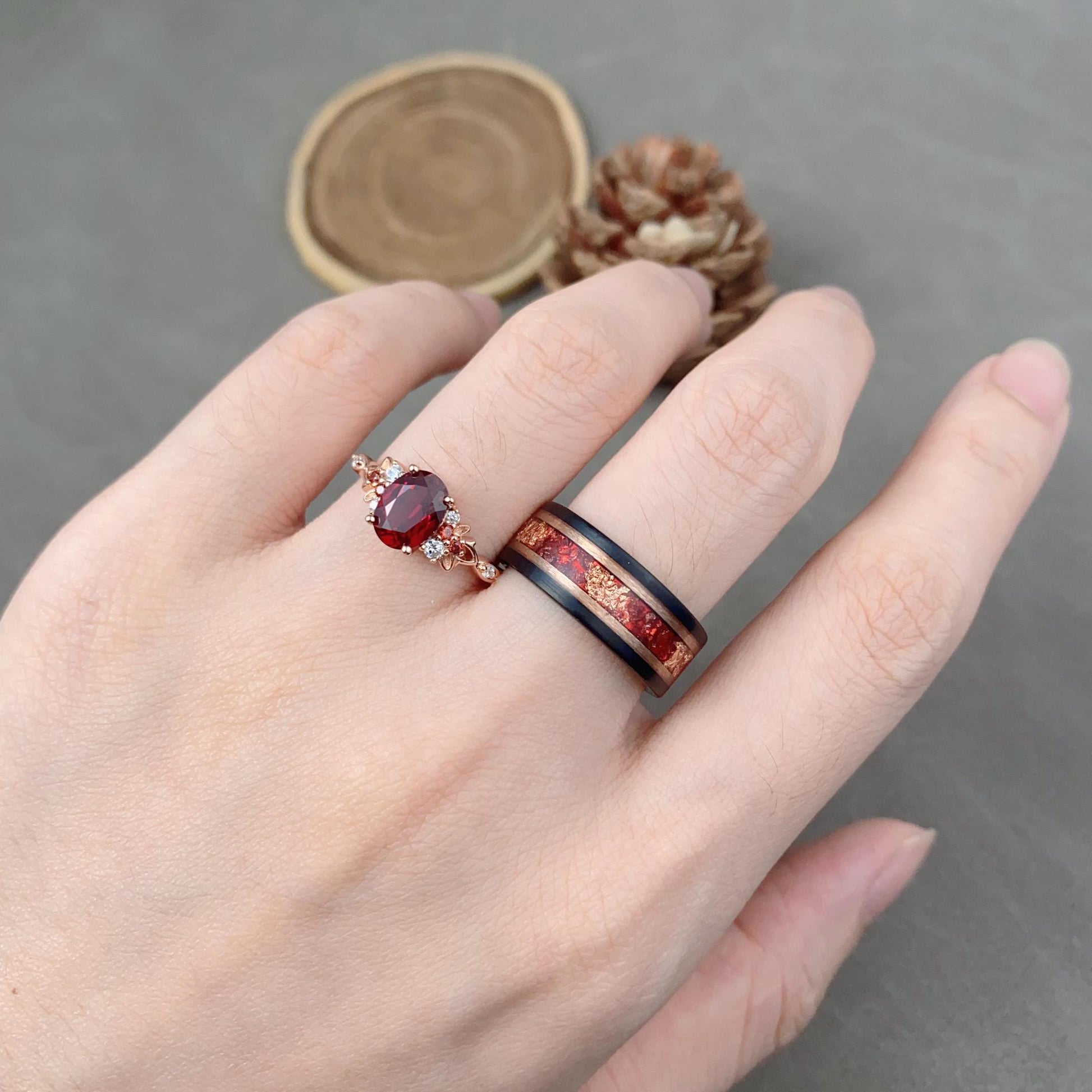 Oval cut Ruby couples ring set rose gold matching promise ring vintage His and Hers wedding band Mens ruby ring anniversary ring gifts