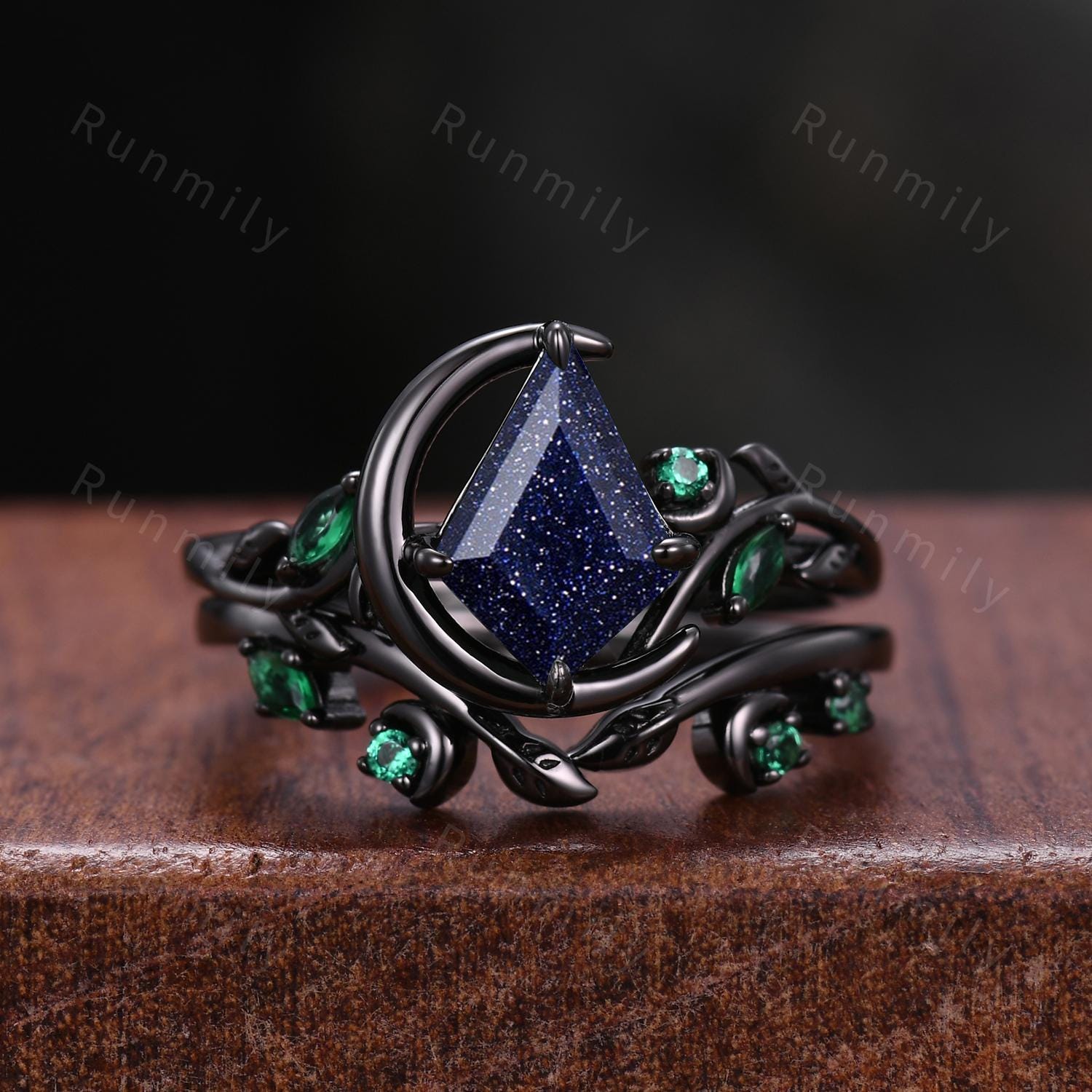 Crescent moon blue sandstone couples ring set gothic black gold His and Hers wedding band unique emerald cluster ring Mens tungsten ring