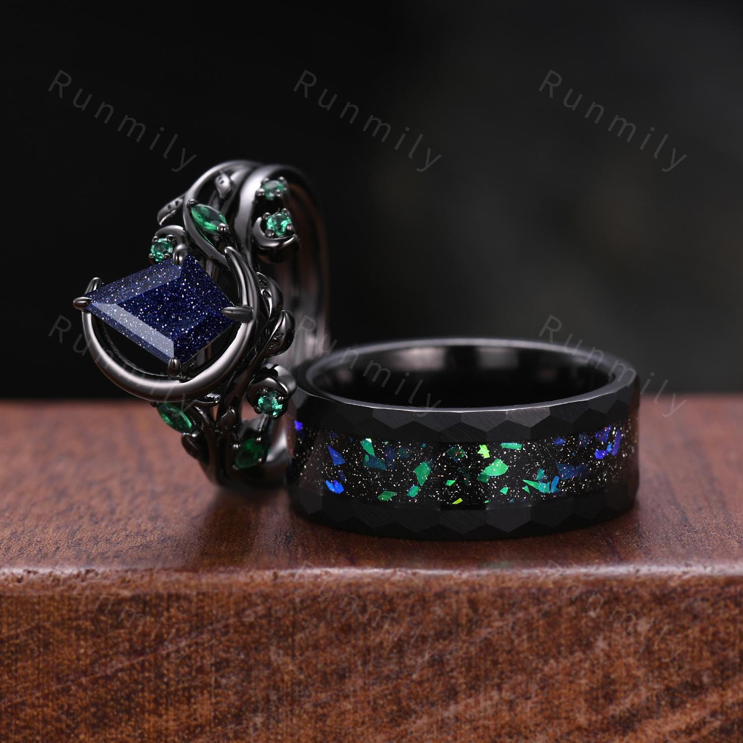 Crescent moon blue sandstone couples ring set gothic black gold His and Hers wedding band unique emerald cluster ring Mens tungsten ring