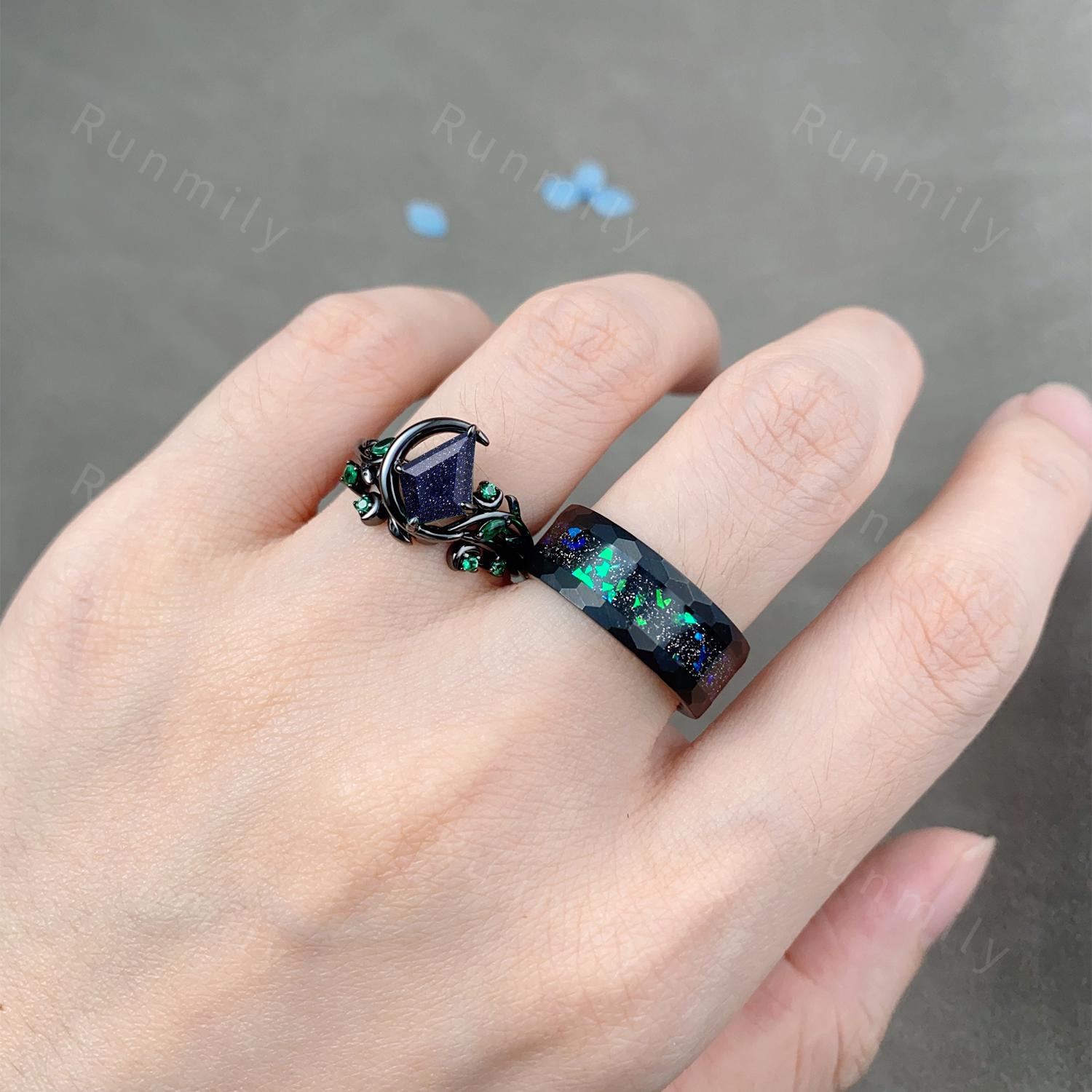 Crescent moon blue sandstone couples ring set gothic black gold His and Hers wedding band unique emerald cluster ring Mens tungsten ring