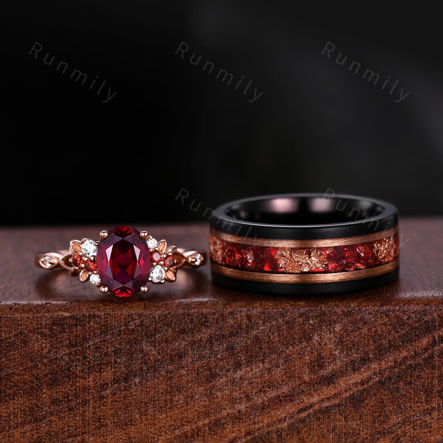 Oval cut Ruby couples ring set rose gold matching promise ring vintage His and Hers wedding band Mens ruby ring anniversary ring gifts