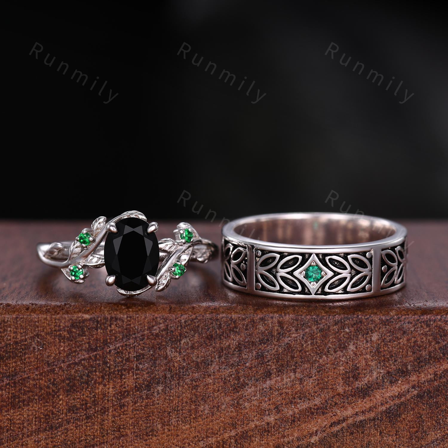 Nature Inspired Black Onyx Couples Ring Sterling Silver His and Hers Wedding Band Leaf Style Mens Emerald Ring Matching Couple Promise Ring