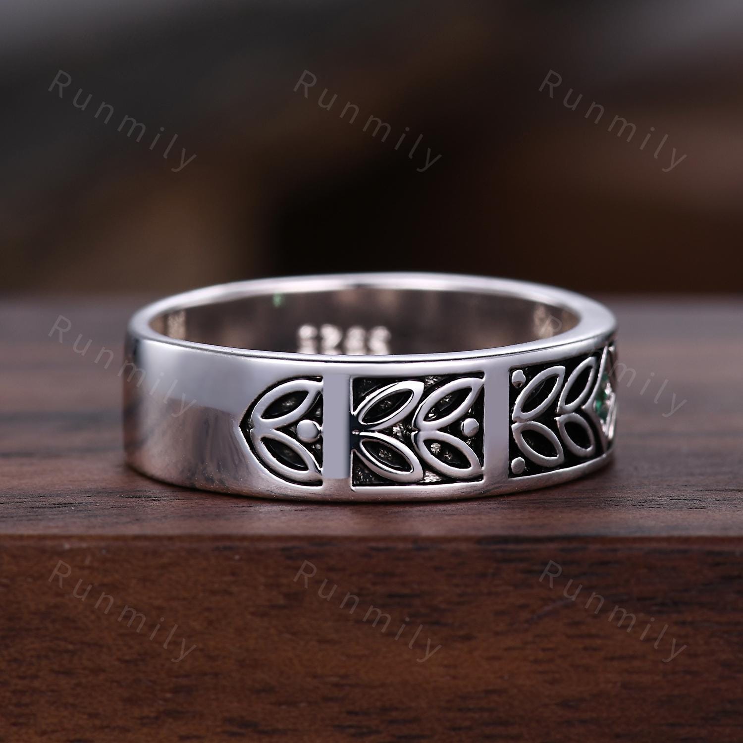 Vintage Green Emerald Couples Ring Silver Ring Nature Inspired His and Hers Wedding Band Leaf Design Ring For Couples Anniversary Rings