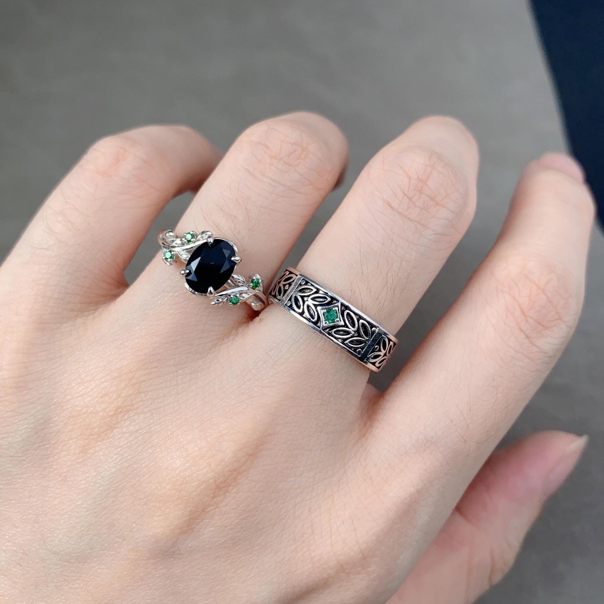 Nature Inspired Black Onyx Couples Ring Sterling Silver His and Hers Wedding Band Leaf Style Mens Emerald Ring Matching Couple Promise Ring