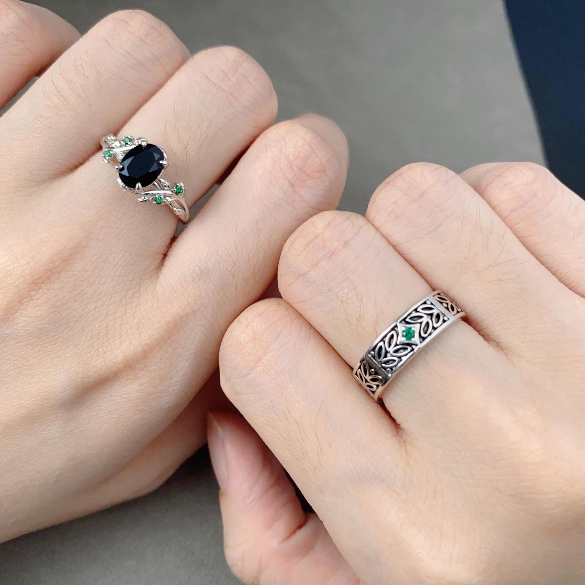 Nature Inspired Black Onyx Couples Ring Sterling Silver His and Hers Wedding Band Leaf Style Mens Emerald Ring Matching Couple Promise Ring