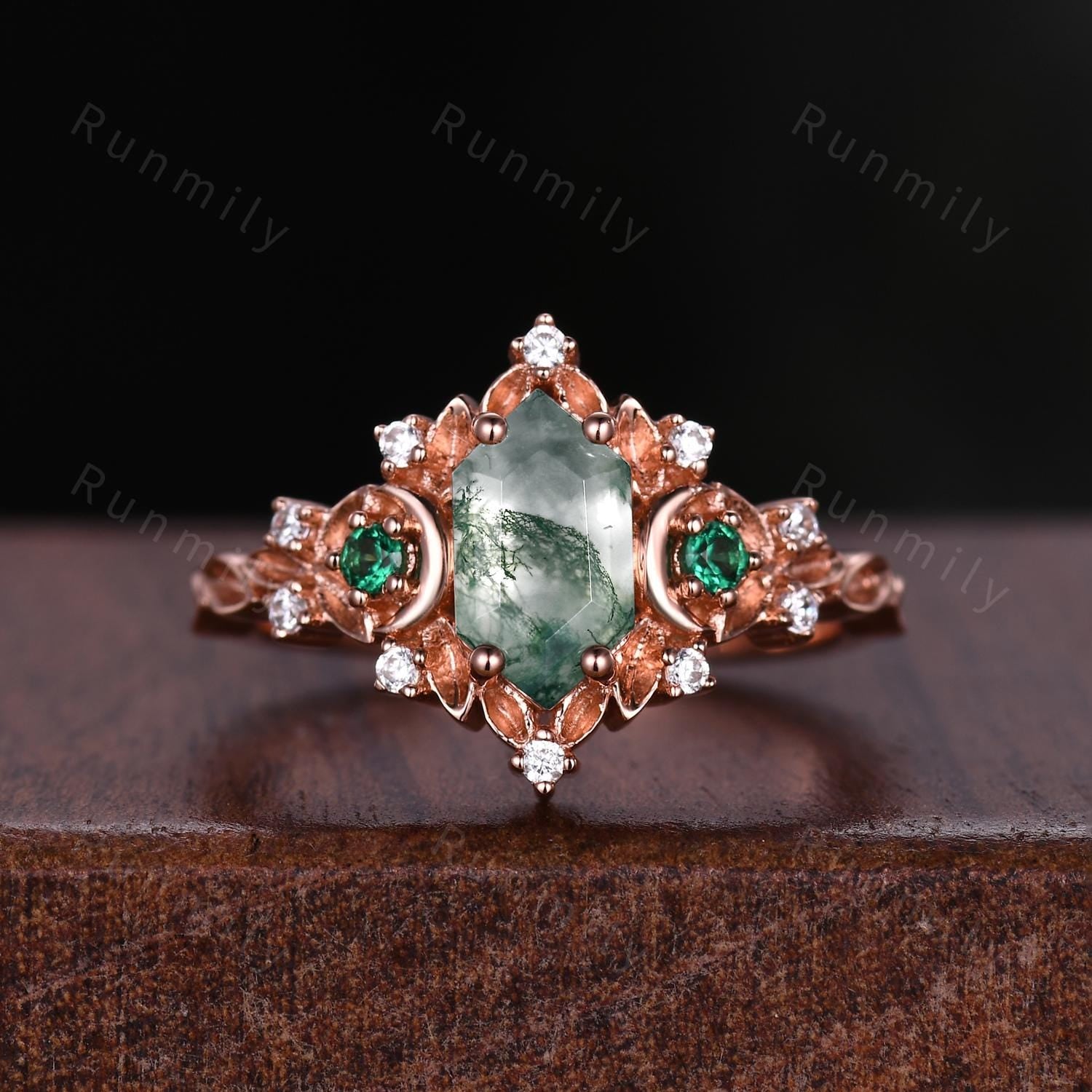 Antique Moss Agate Emerald Couple Ring Vintage Rose Gold Rings His and Hers Matching Wedding Band Mens Crushed Emerald Band Moss Agate Ring