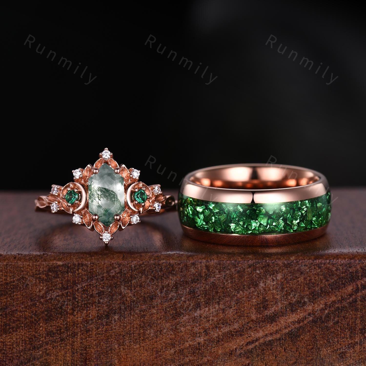 Antique Moss Agate Emerald Couple Ring Vintage Rose Gold Rings His and Hers Matching Wedding Band Mens Crushed Emerald Band Moss Agate Ring