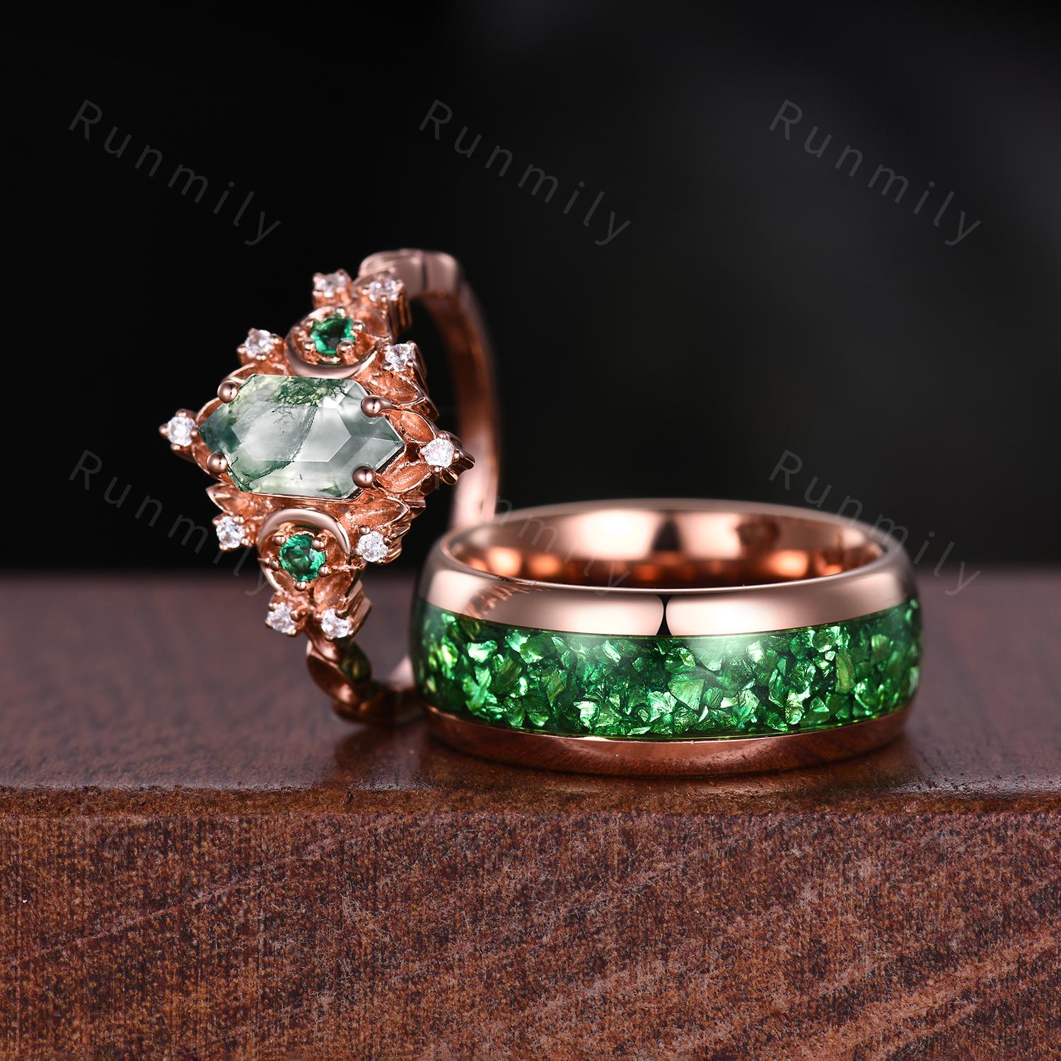 Antique Moss Agate Emerald Couple Ring Vintage Rose Gold Rings His and Hers Matching Wedding Band Mens Crushed Emerald Band Moss Agate Ring