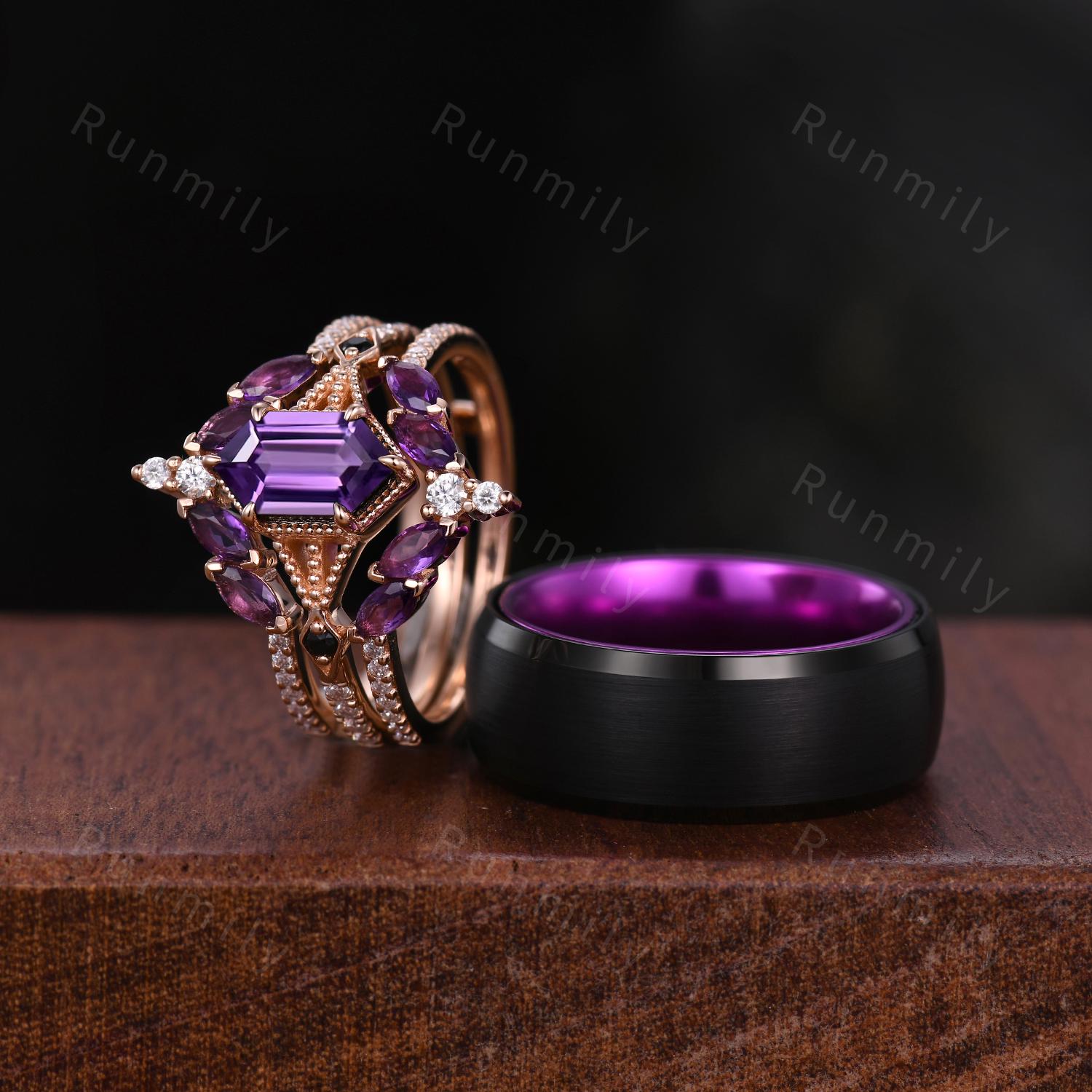 Antique Amethyst Couples Ring Set Vintage Double Curved Amethyst Band Rose Gold His and Her Wedding Band Promise Ring For Men and Women Gift