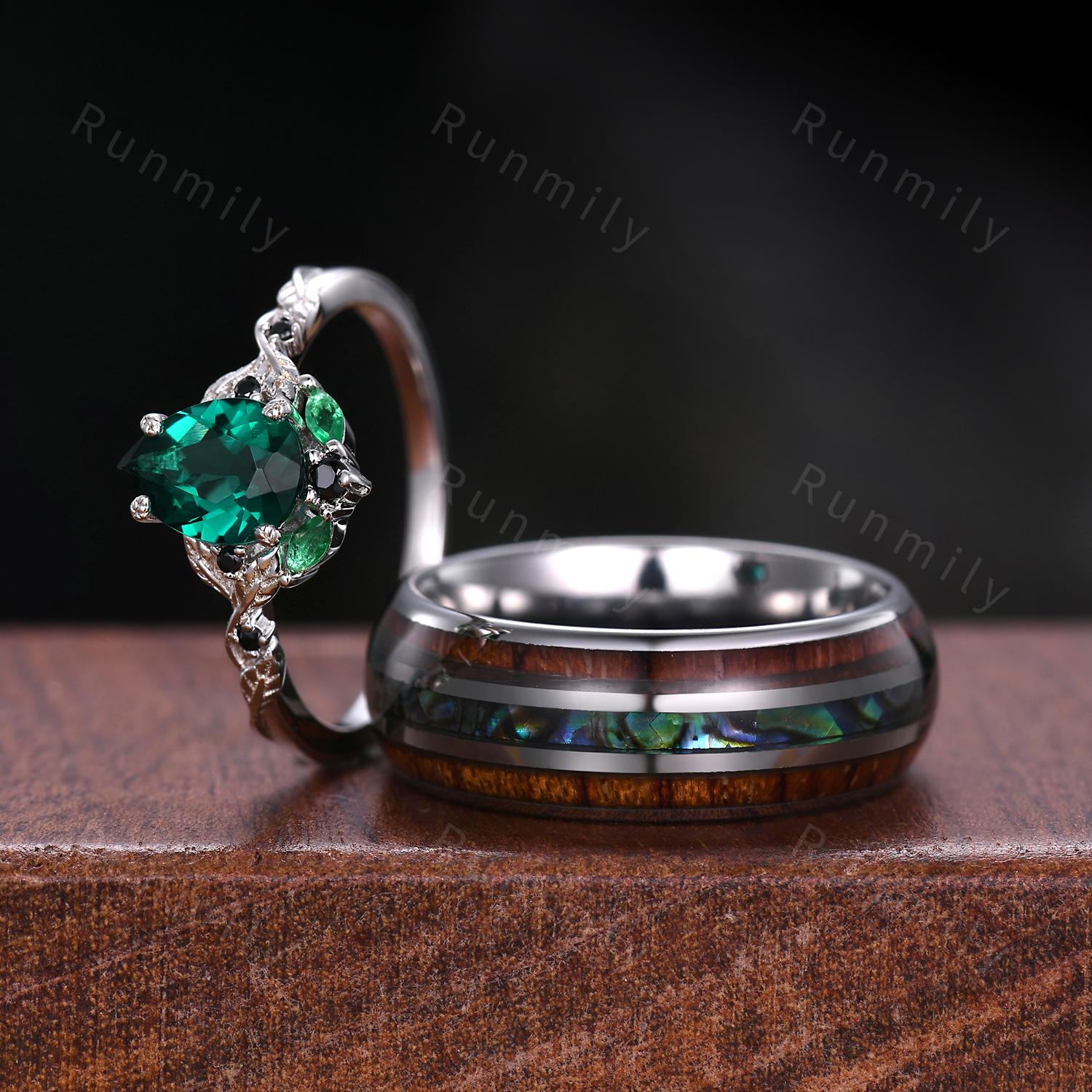 Pear cut Emerald Couple Ring Silver His and Hers Wedding Band Unique Mens Tungsten Band Matching Nature Inspired Ring Set Green Rings