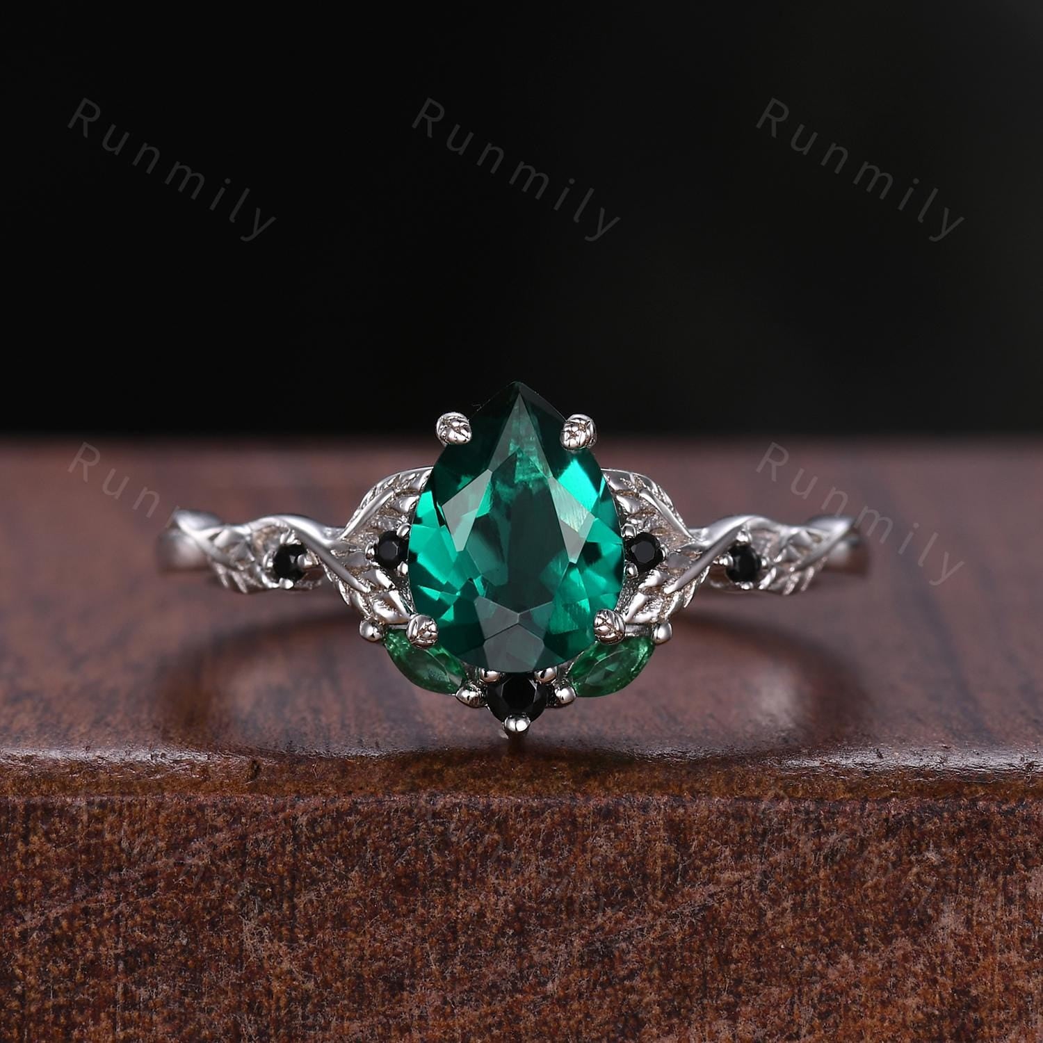 Pear cut Emerald Couple Ring Silver His and Hers Wedding Band Unique Mens Tungsten Band Matching Nature Inspired Ring Set Green Rings