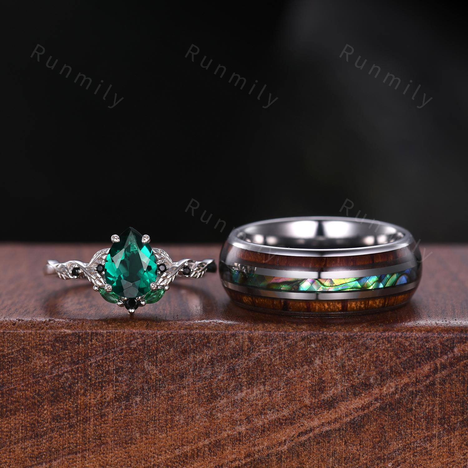 Pear cut Emerald Couple Ring Silver His and Hers Wedding Band Unique Mens Tungsten Band Matching Nature Inspired Ring Set Green Rings