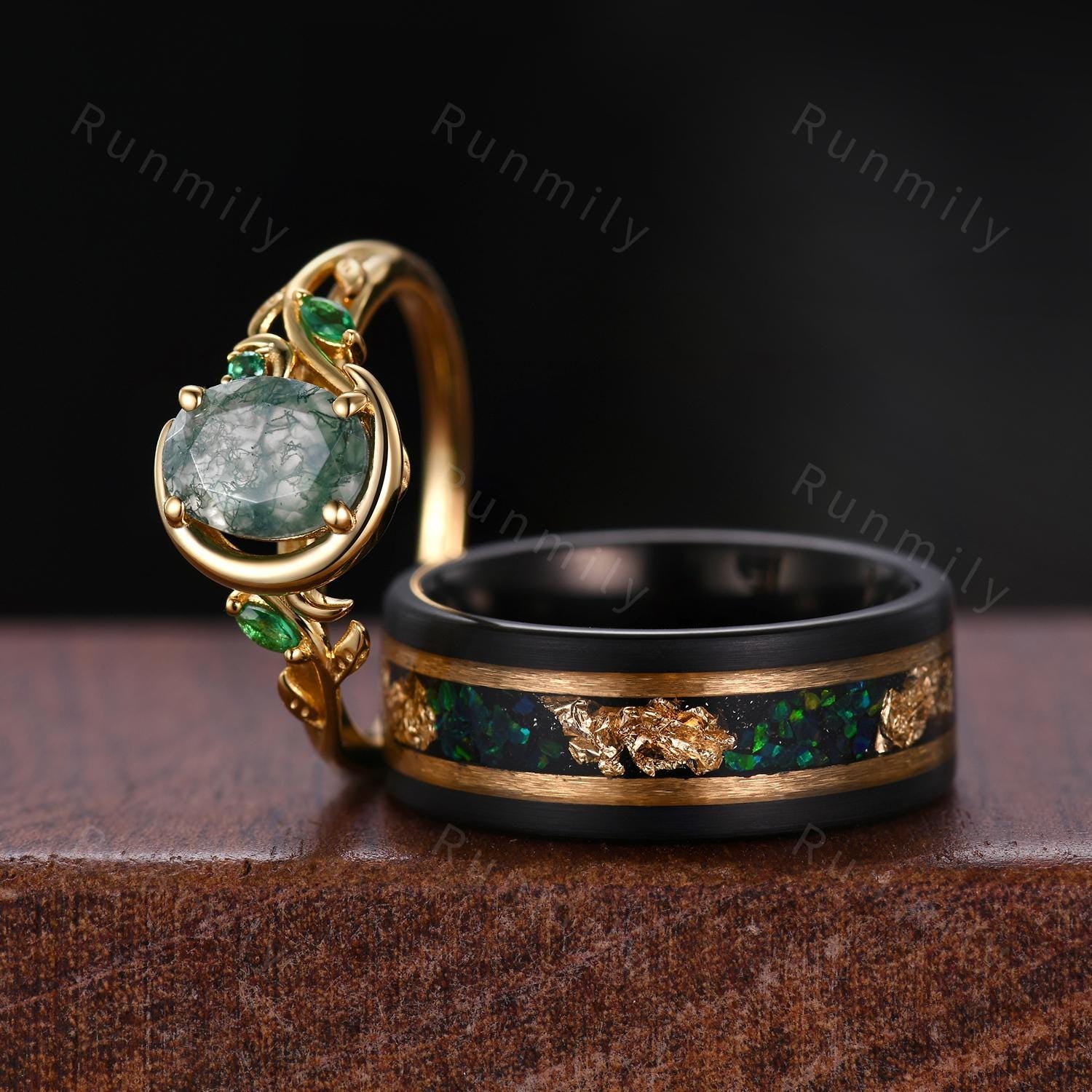 Nature Inspired Natural Moss Agate Couples Ring Yellow Gold Matching Ring Set His and Hers Wedding Band Moon Design Ring Mens Promise Ring