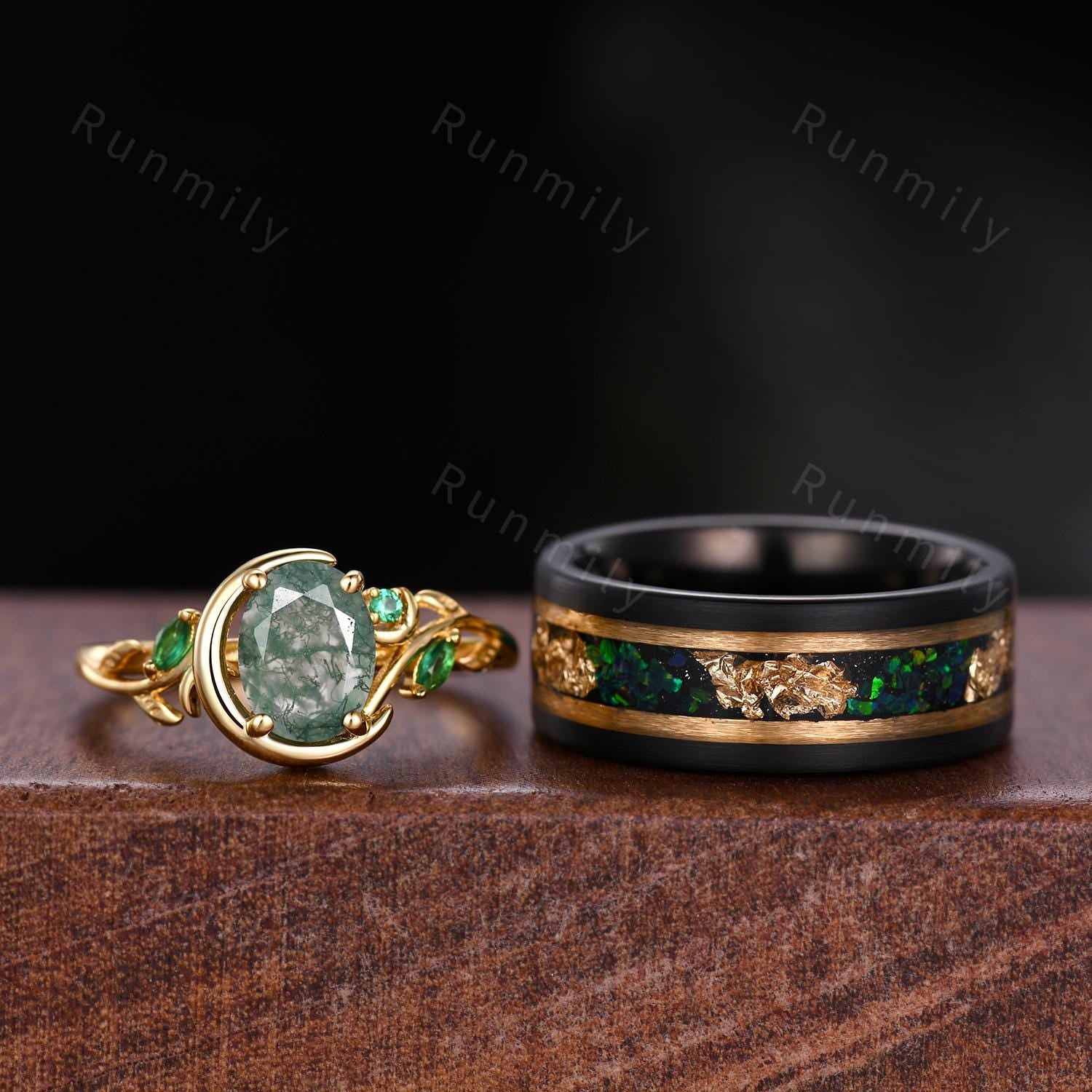 Nature Inspired Natural Moss Agate Couples Ring Yellow Gold Matching Ring Set His and Hers Wedding Band Moon Design Ring Mens Promise Ring