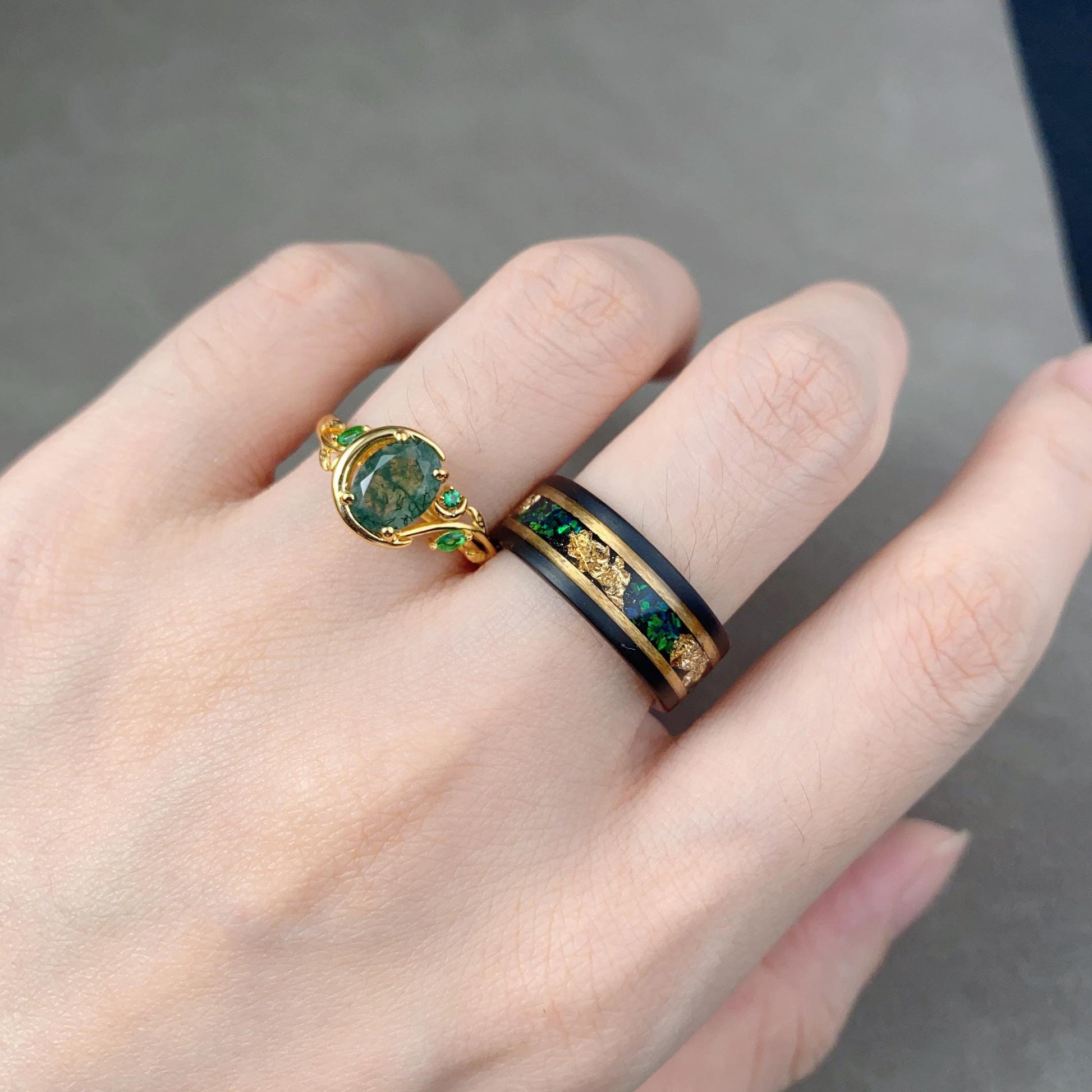 Nature Inspired Natural Moss Agate Couples Ring Yellow Gold Matching Ring Set His and Hers Wedding Band Moon Design Ring Mens Promise Ring