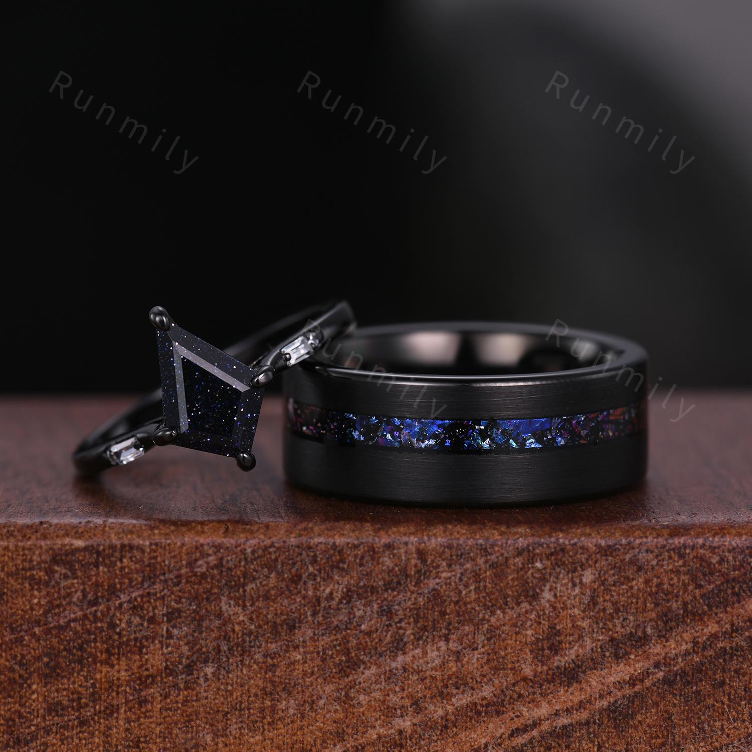 Couple's Blue Nebula Wedding Rings Galaxy Kite cut Galaxy Blue Sandstone Ring Gothic Black Gold Matching Ring Set Cosmos Couple Ring Set