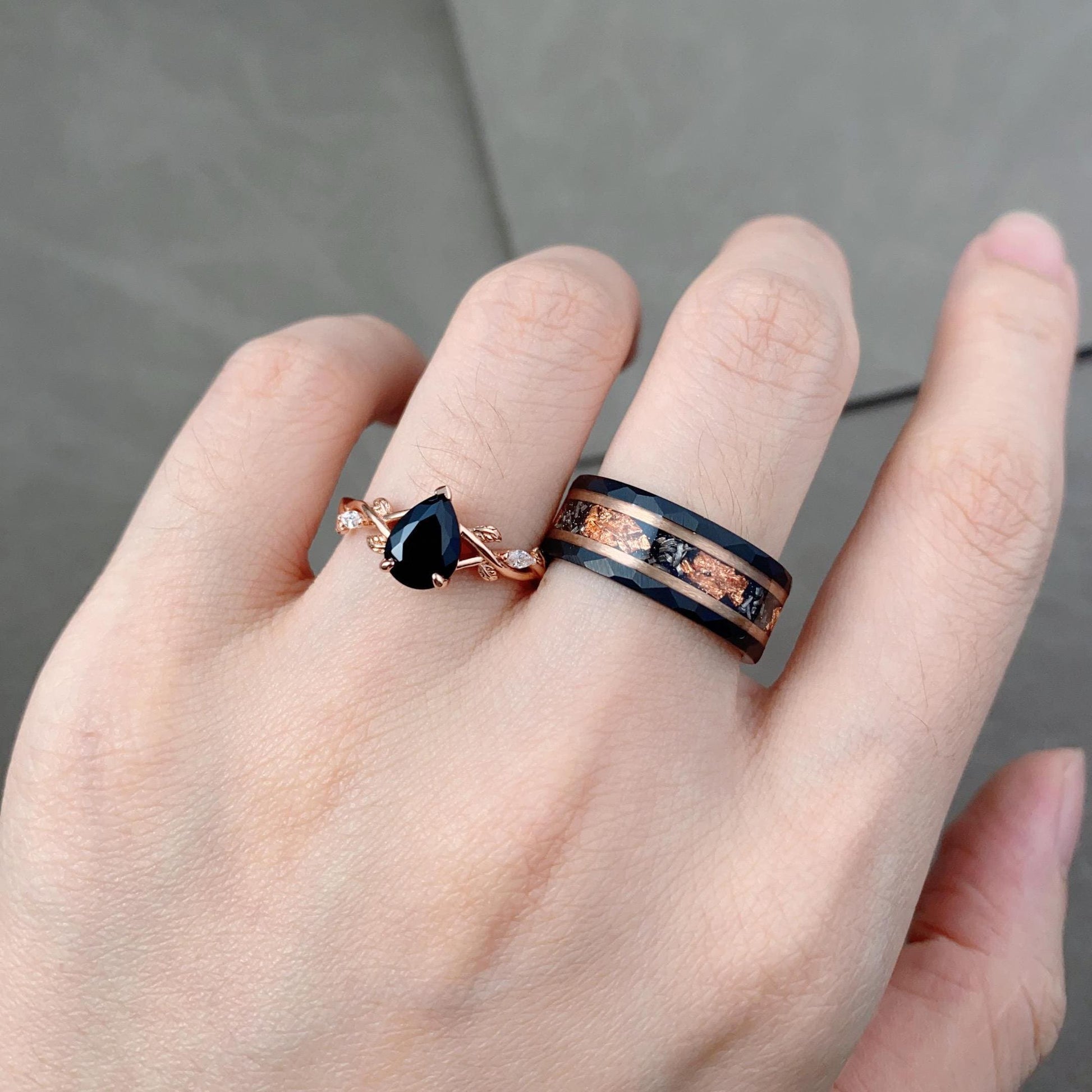 Vintage Black Onyx Couples Ring Set His and Hers Wedding Band Mens Gold Leaf Ring Rose Gold Matching Couples Promise Ring Nature Inspired