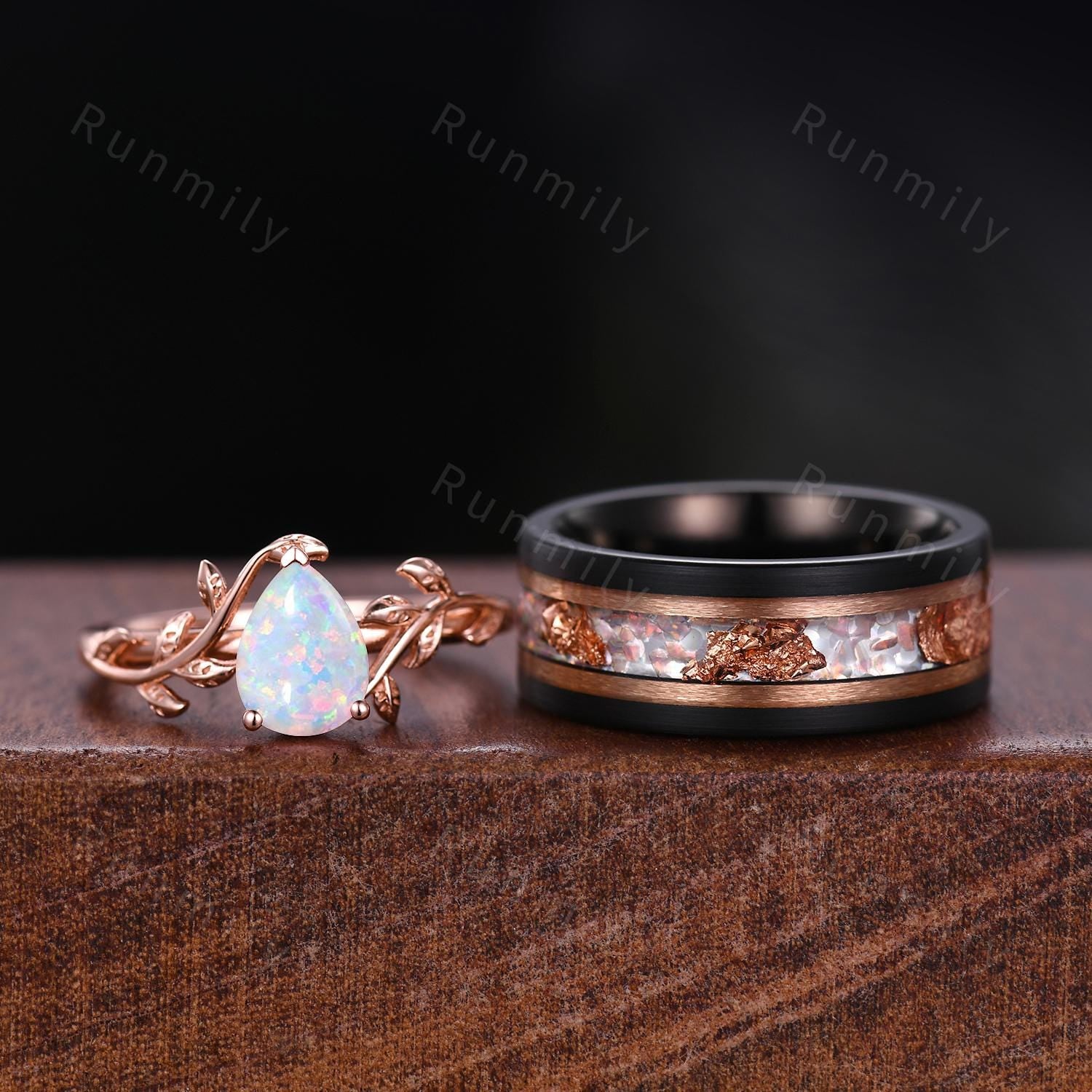 Vintage White Opal Couples Ring Set Rose Gold Twig Leaf Ring His and Hers Wedding Band Mens Opal Ring October Birthstone Anniversary Rings