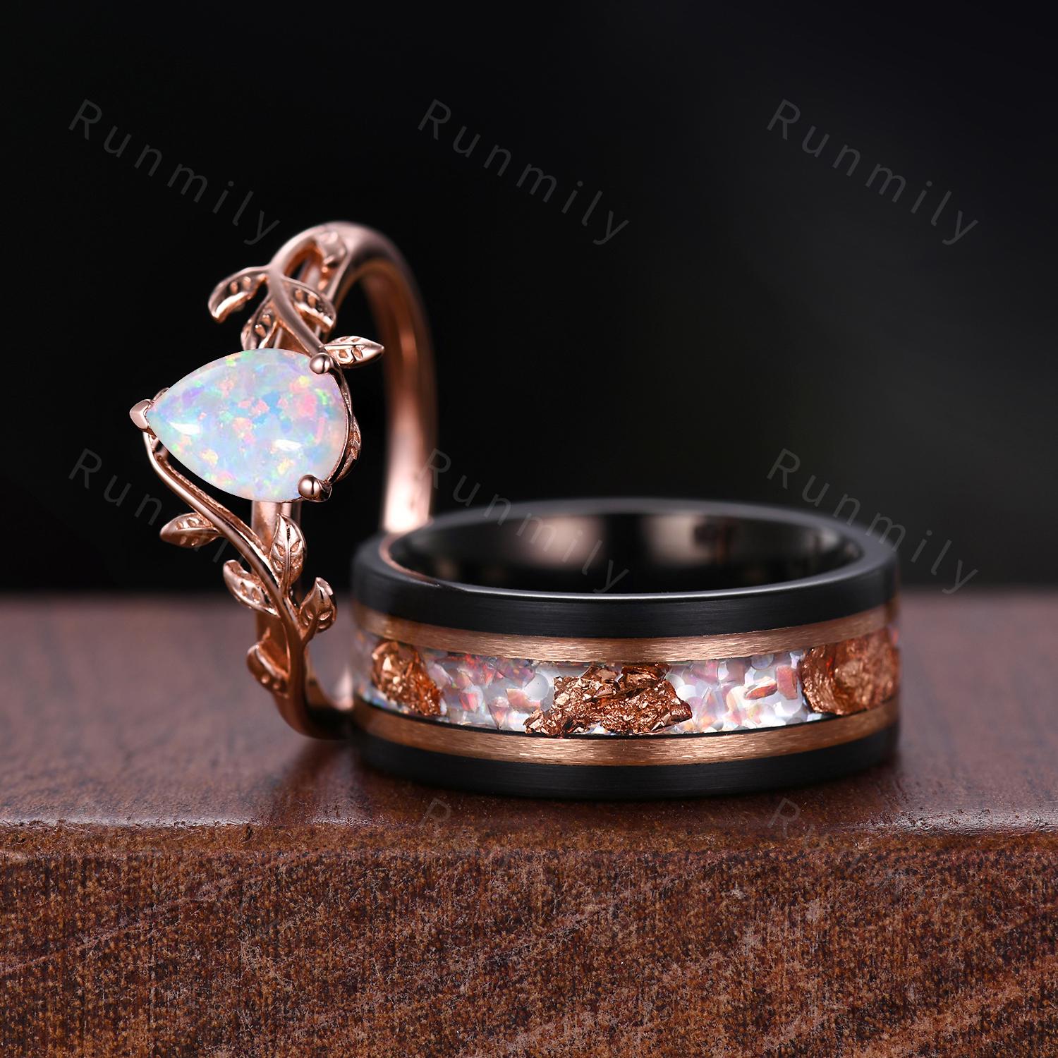 Vintage White Opal Couples Ring Set Rose Gold Twig Leaf Ring His and Hers Wedding Band Mens Opal Ring October Birthstone Anniversary Rings