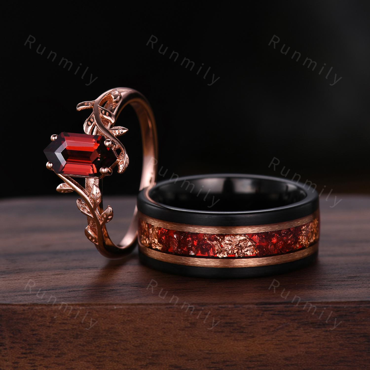 Vintage Hexagon Garnet Couples Ring Set Rose Gold His and Hers Wedding Band Mens Tungsten Ruby Ring Promise Ring For Men For Women Gift