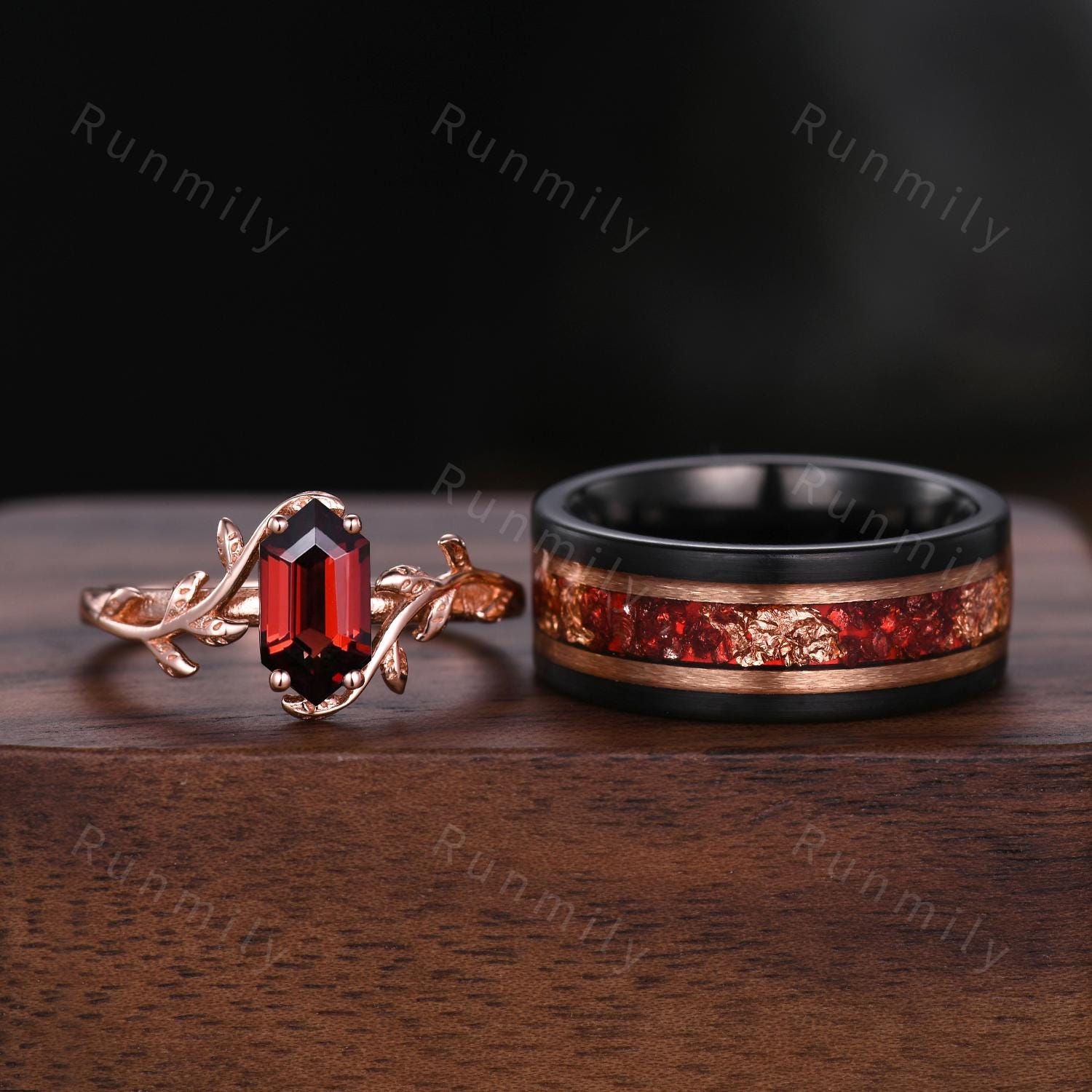 Vintage Hexagon Garnet Couples Ring Set Rose Gold His and Hers Wedding Band Mens Tungsten Ruby Ring Promise Ring For Men For Women Gift