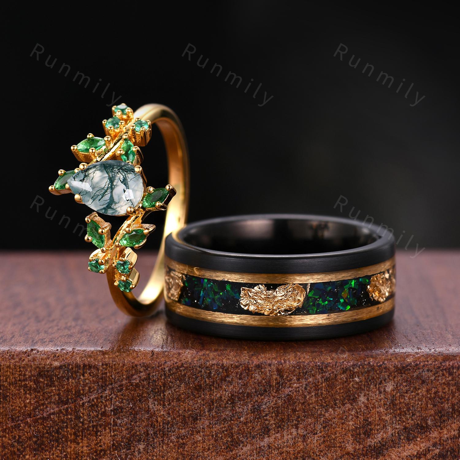 Nature Inspired Moss Agate and Emerald Couples Ring Yellow Gold Matching Ring Set His and Hers Wedding Band Mens Tungsten Ring Green Ring