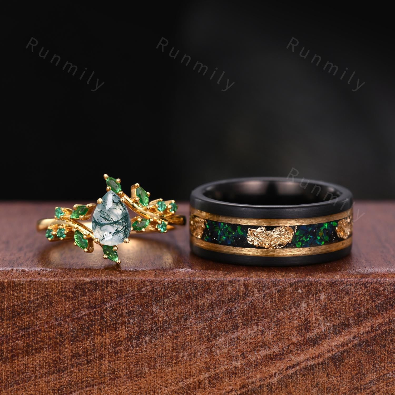 Nature Inspired Moss Agate and Emerald Couples Ring Yellow Gold Matching Ring Set His and Hers Wedding Band Mens Tungsten Ring Green Ring