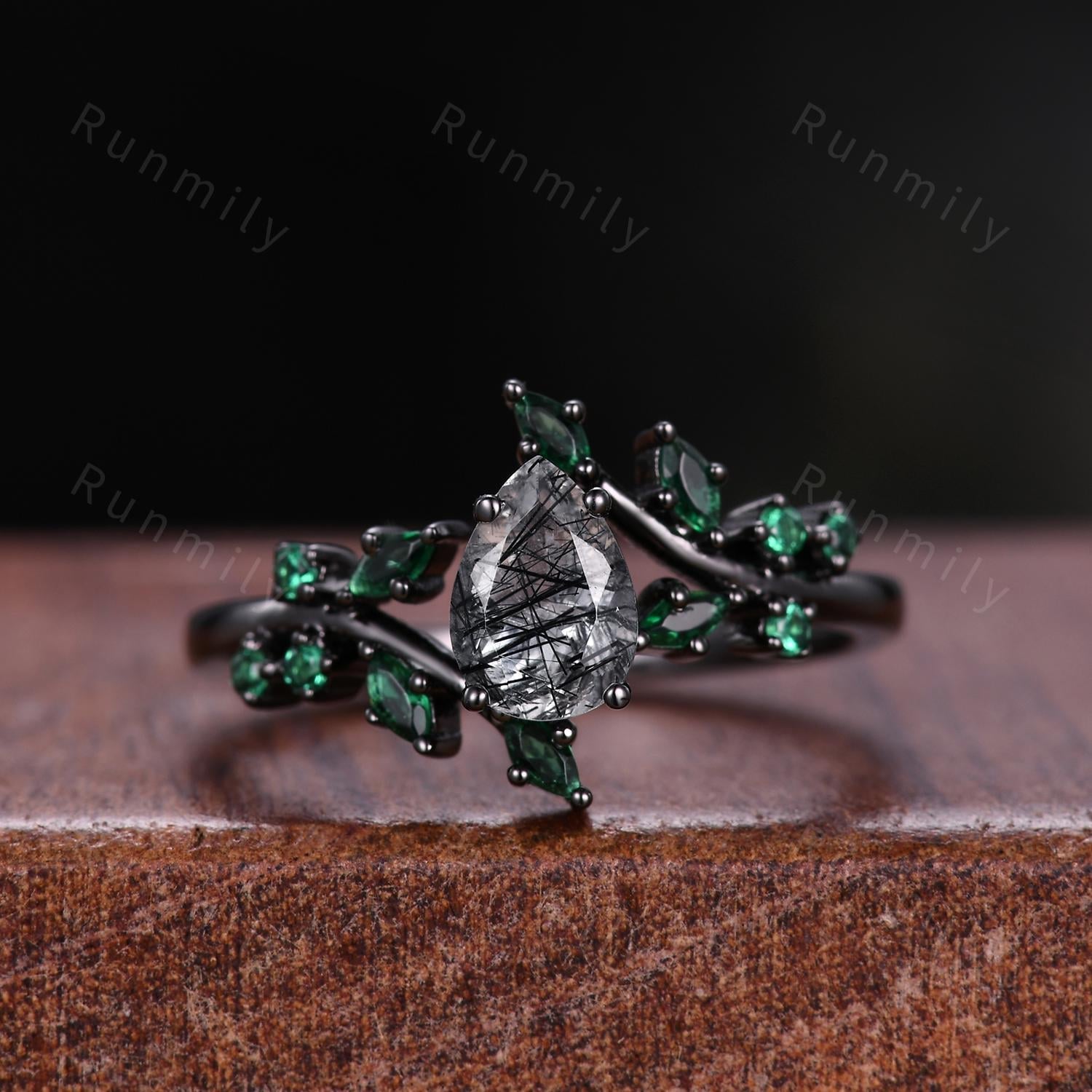 Black rutilated quartz couples ring set black gold matching promise rings His and Hers wedding band Mens fire opal ring anniversary gifts