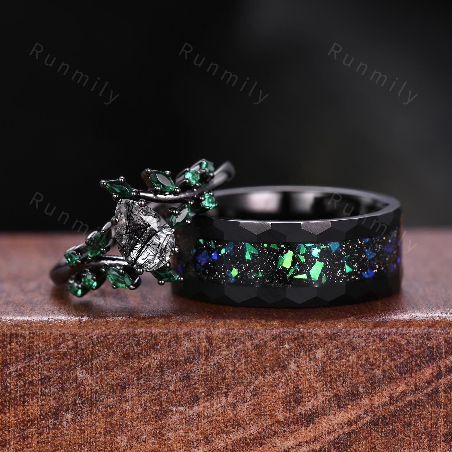 Black rutilated quartz couples ring set black gold matching promise rings His and Hers wedding band Mens fire opal ring anniversary gifts