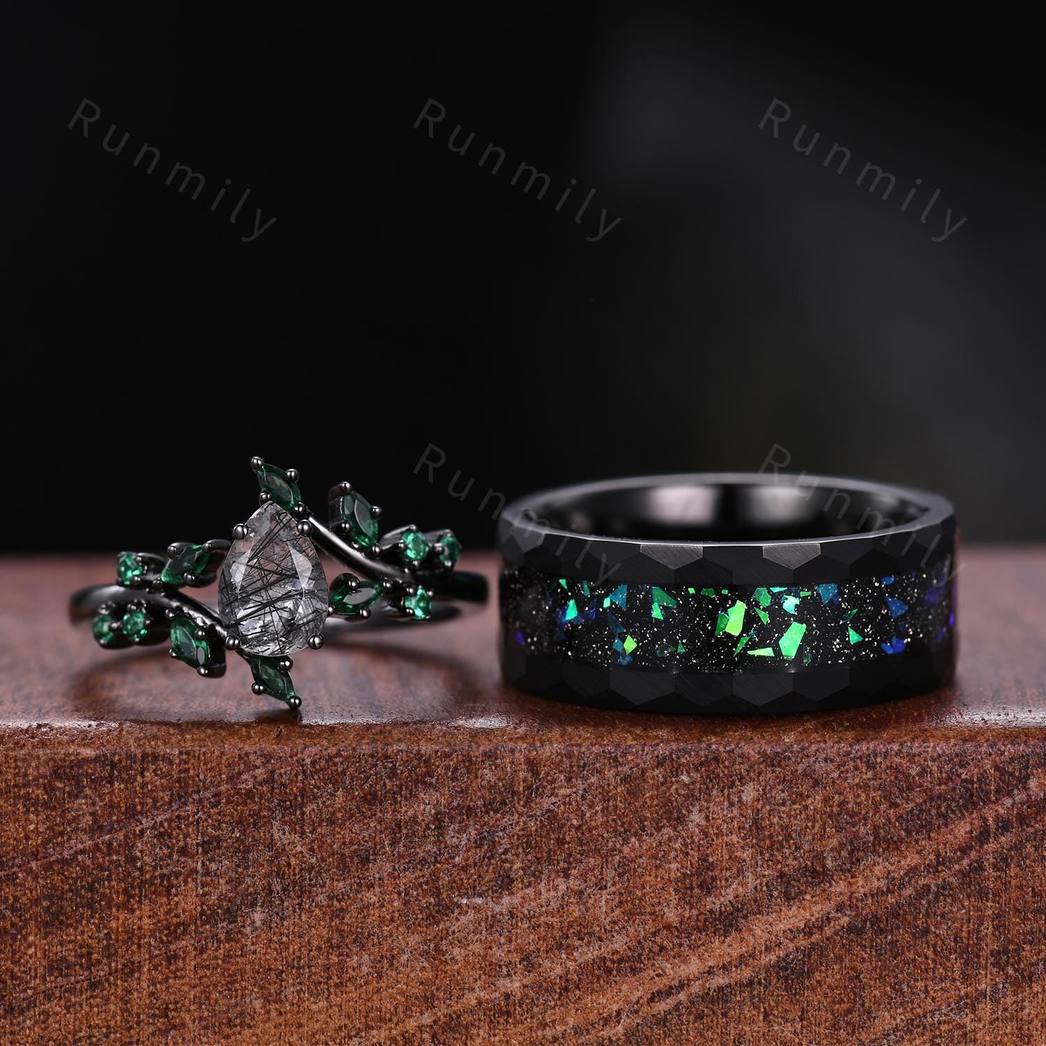 Black rutilated quartz couples ring set black gold matching promise rings His and Hers wedding band Mens fire opal ring anniversary gifts