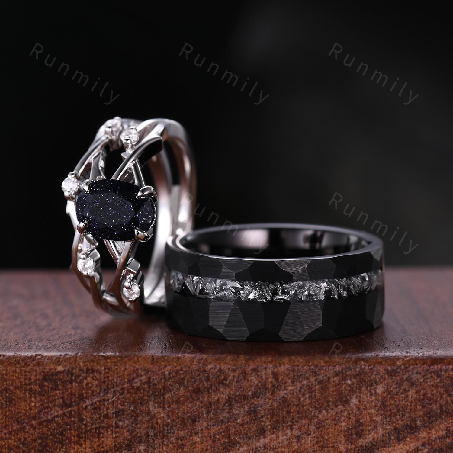 Galaxy Blue Sandstone Couples Ring Set Mens Meteorite Ring Unique His and Hers Wedding Band Art Deco Twig Bridal Set Promise Ring for Couple