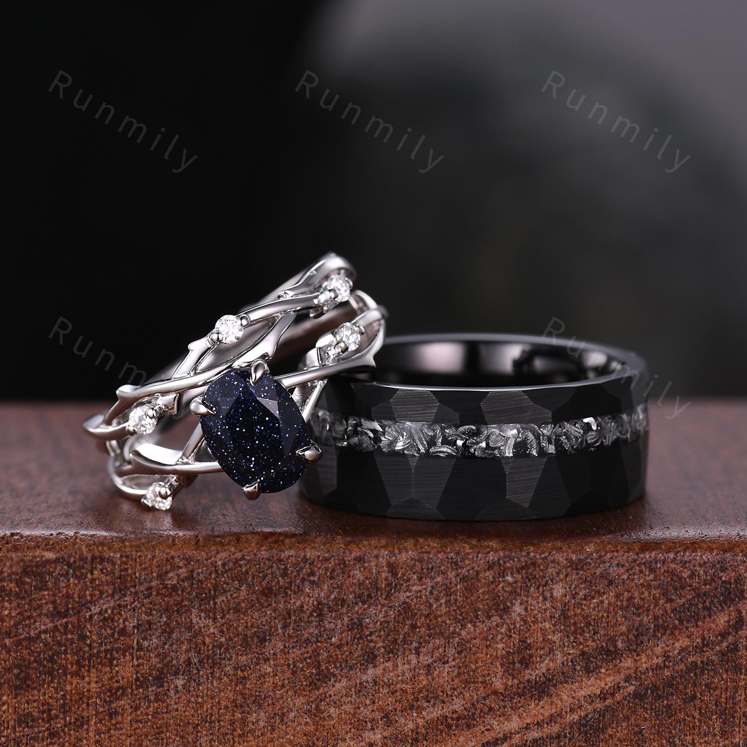 Galaxy Blue Sandstone Couples Ring Set Mens Meteorite Ring Unique His and Hers Wedding Band Art Deco Twig Bridal Set Promise Ring for Couple