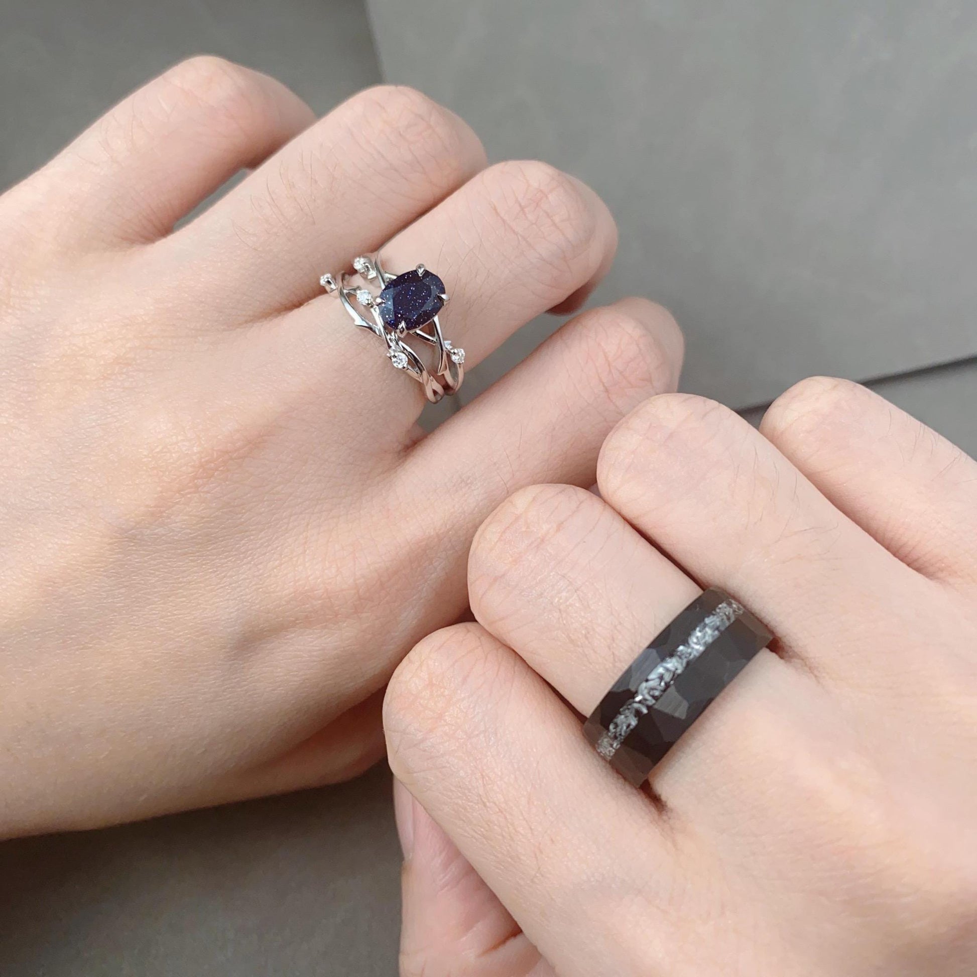 Galaxy Blue Sandstone Couples Ring Set Mens Meteorite Ring Unique His and Hers Wedding Band Art Deco Twig Bridal Set Promise Ring for Couple