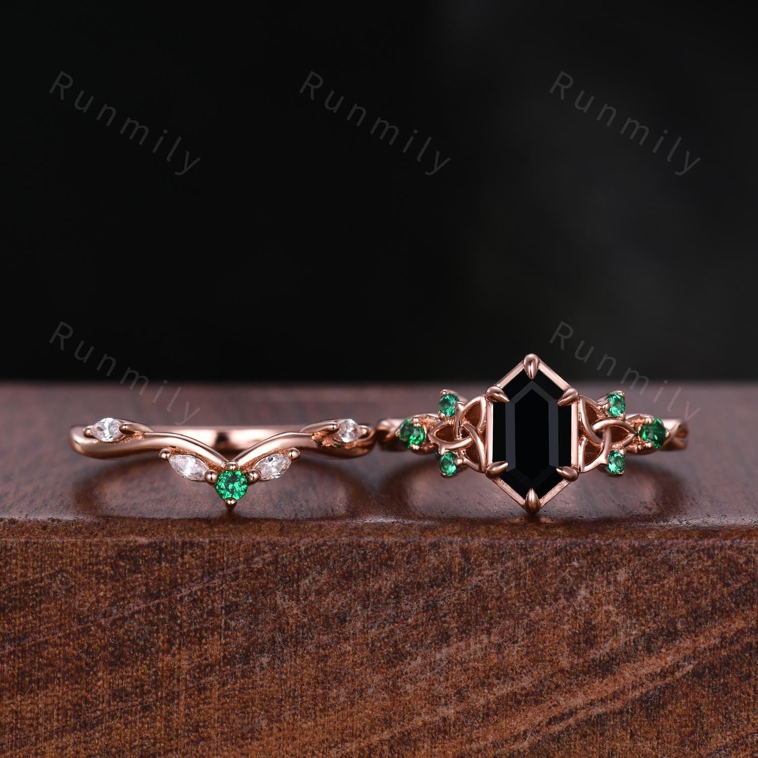 Celtic Knot Black Onyx Engagement Ring Set Vintage Emerald Wedding Stacking Band Rose Gold Rings for Women Black Gemstone Ring Promise Gift