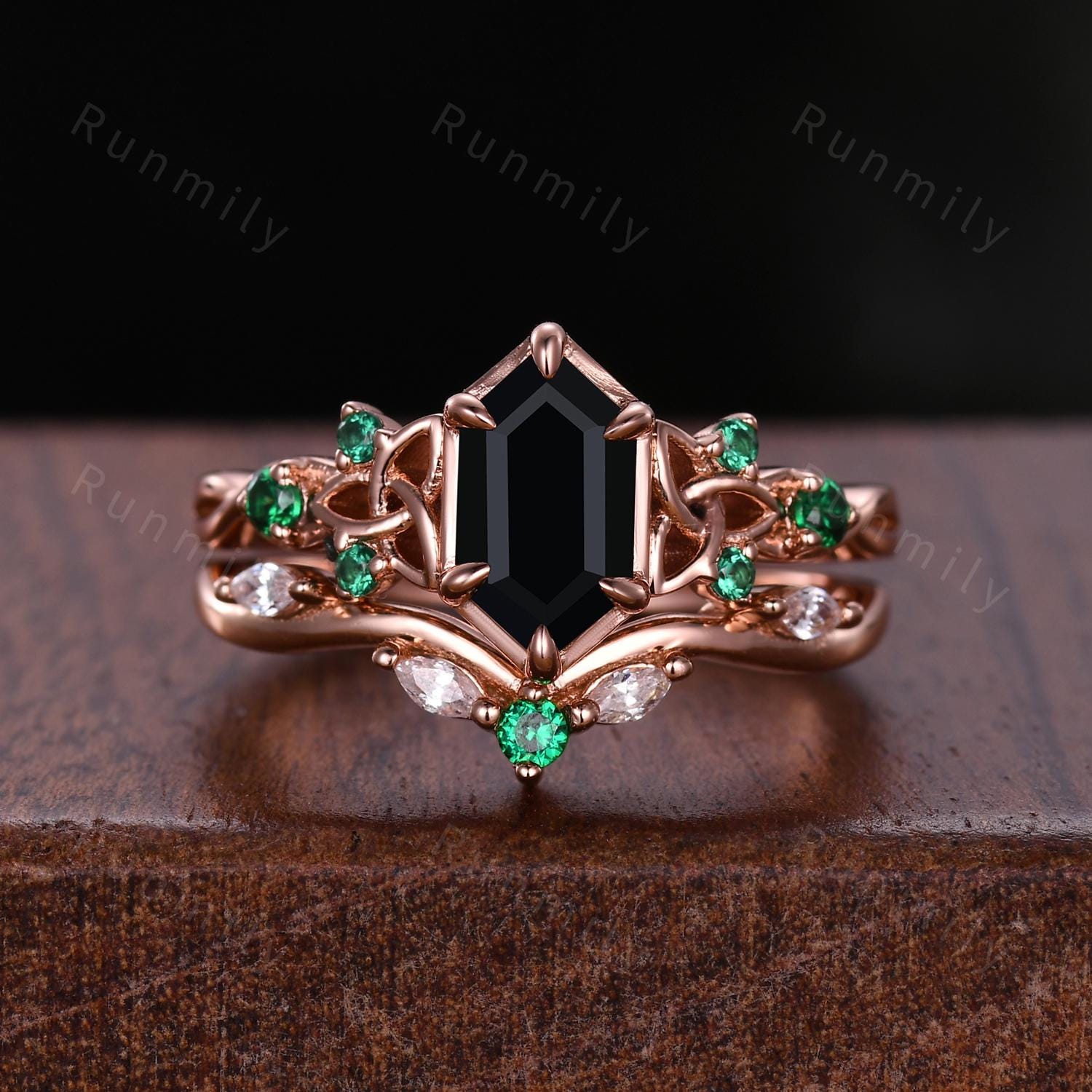 Celtic Knot Black Onyx Engagement Ring Set Vintage Emerald Wedding Stacking Band Rose Gold Rings for Women Black Gemstone Ring Promise Gift