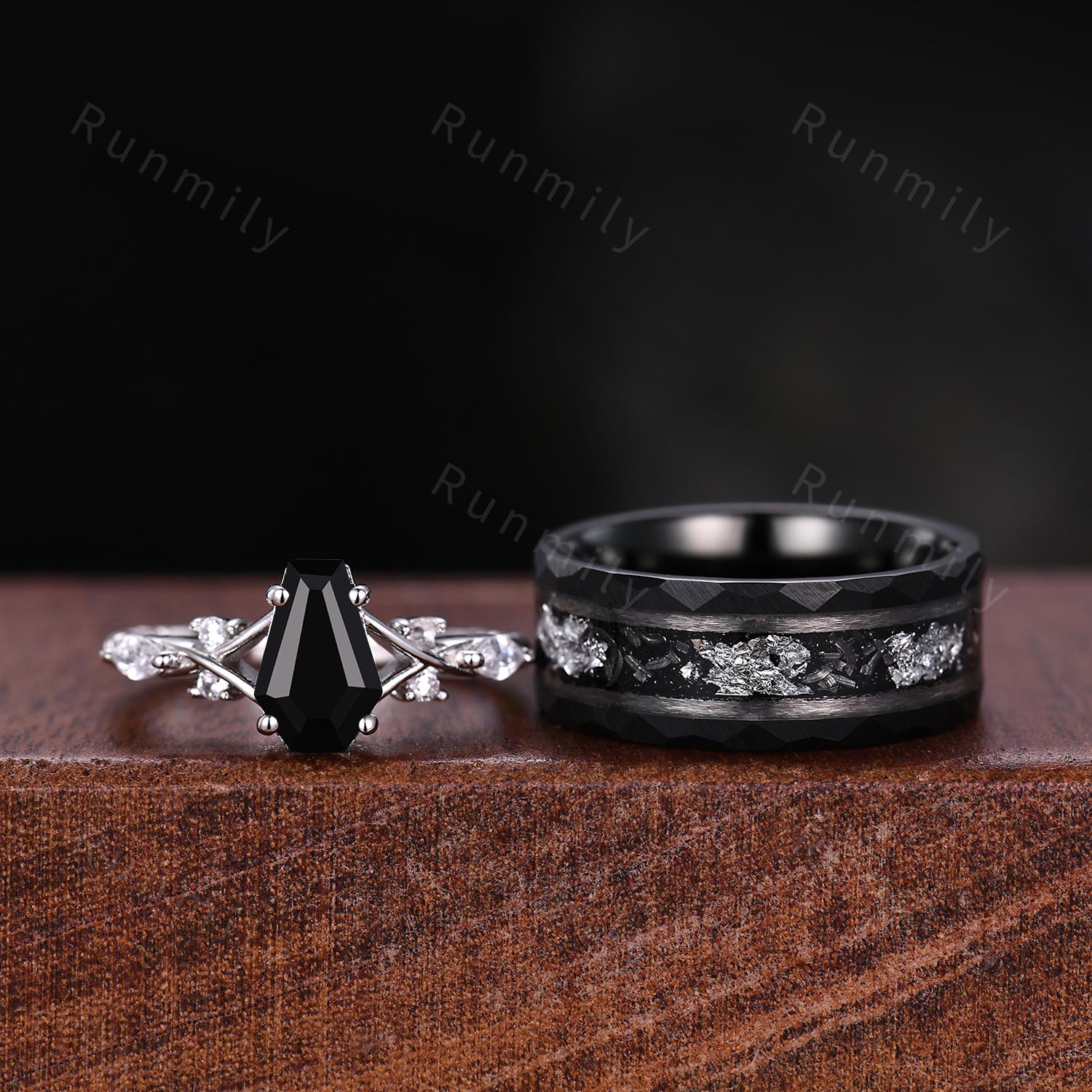 Coffin cut Black Onyx Couple Ring Silver Matching Ring Set His and Hers Wedding Band Promise Ring For Men For Women Natural Black Gemstone