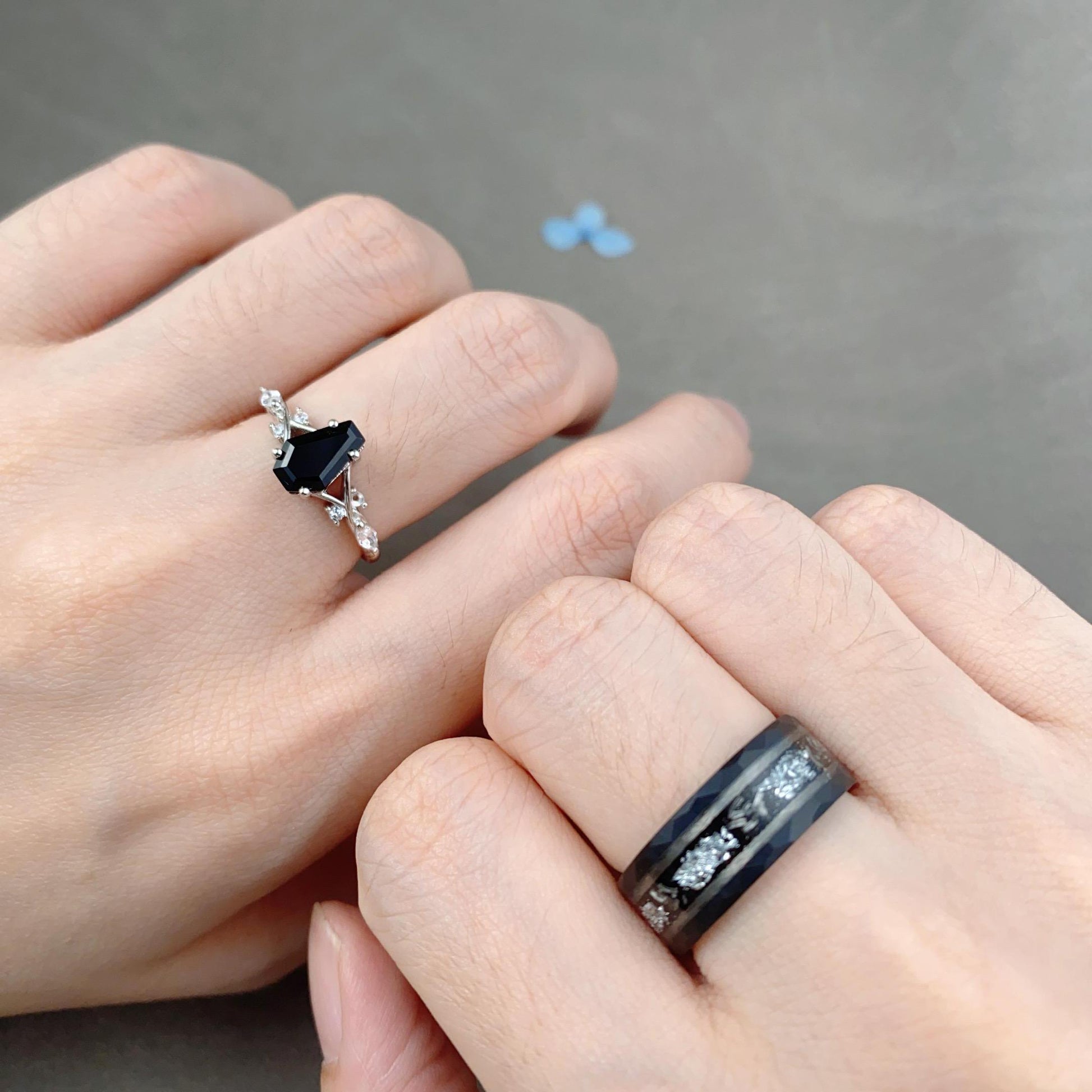 Coffin cut Black Onyx Couple Ring Silver Matching Ring Set His and Hers Wedding Band Promise Ring For Men For Women Natural Black Gemstone