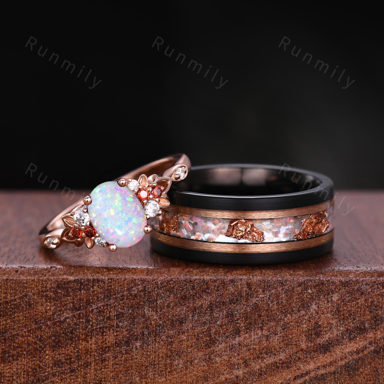 Vintage Oval Opal Couples Ring Rose Gold Matching Ring Set His and Hers Wedding Band Mens Opal Ring October Birthstone Couple Promise Ring